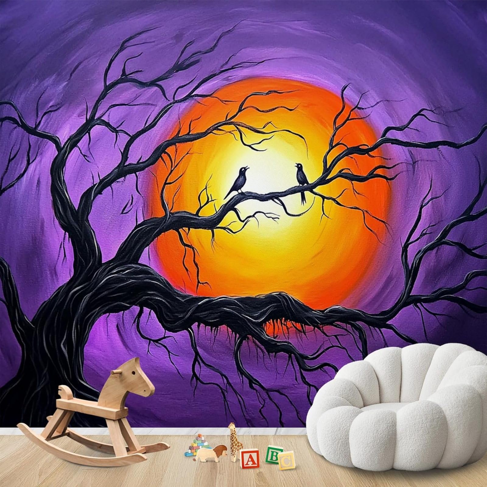 Papier peint photo arbre corbeau grand format 300x210 cm tapisserie intissée Halloween violet