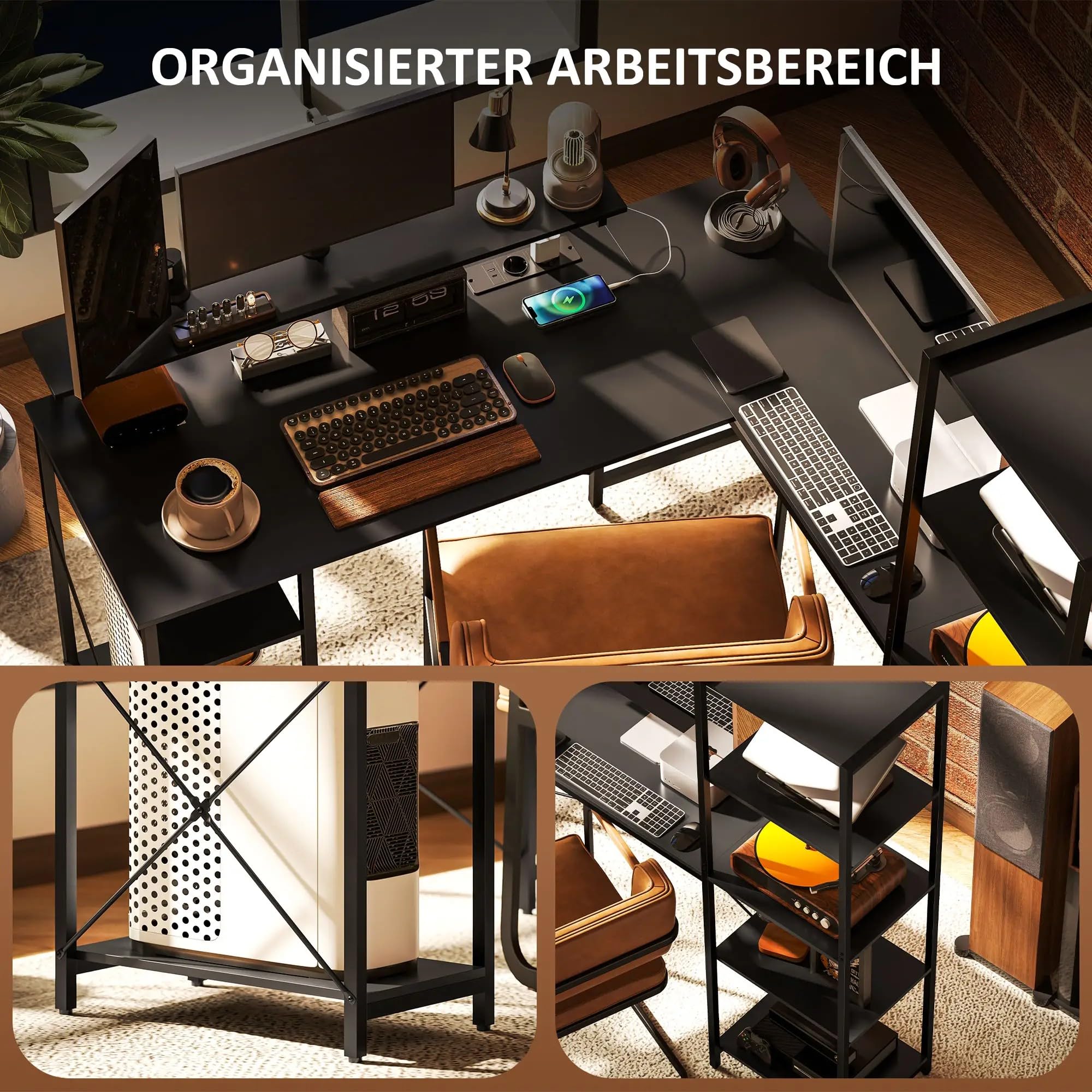 I0I&I0I Eckschreibtisch L-förmig 137x140 cm in Schwarz, Computertisch mit USB-Steckdose, Monitorständer & 6 Ablagen, Metall-Bürotisch mit Regal, Homeoffice Arbeitstisch Stabil & Platzsparend (Stil 1)