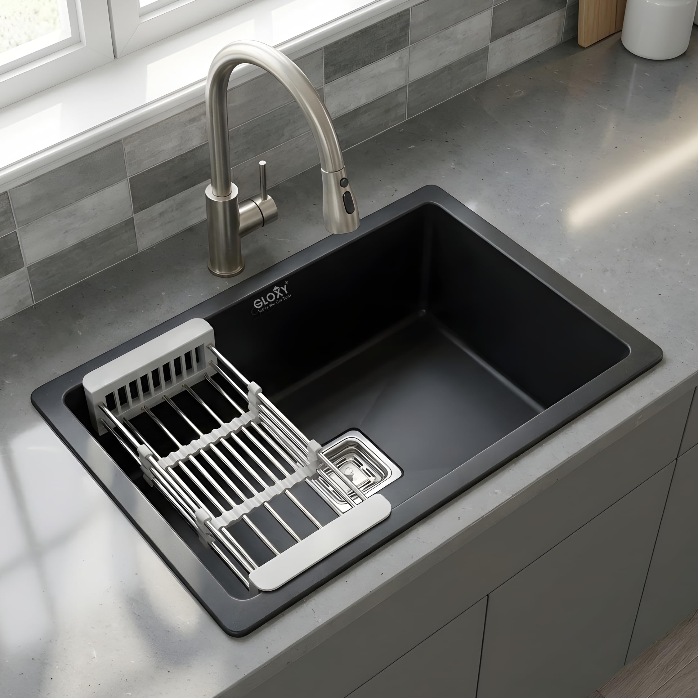 Gloxy Premium Quartz Granite Black Vessel Kitchen Sink Bowl with Sink Coupling Hose Pipe and Drainer Basket for Modern Kitchens- 21" x 18" x 10"-image-18