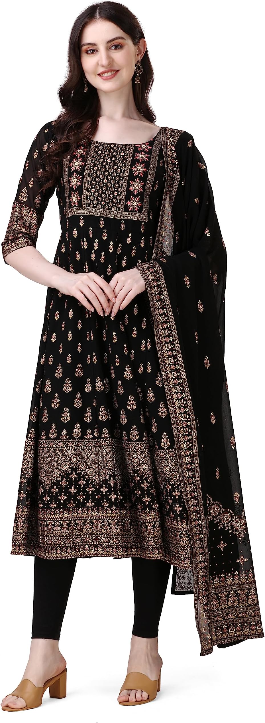 DREAMANGEL FASHION Womens Boat Neck Hand Embroidery Work and Printed Anarkali Kurta Dupatta
