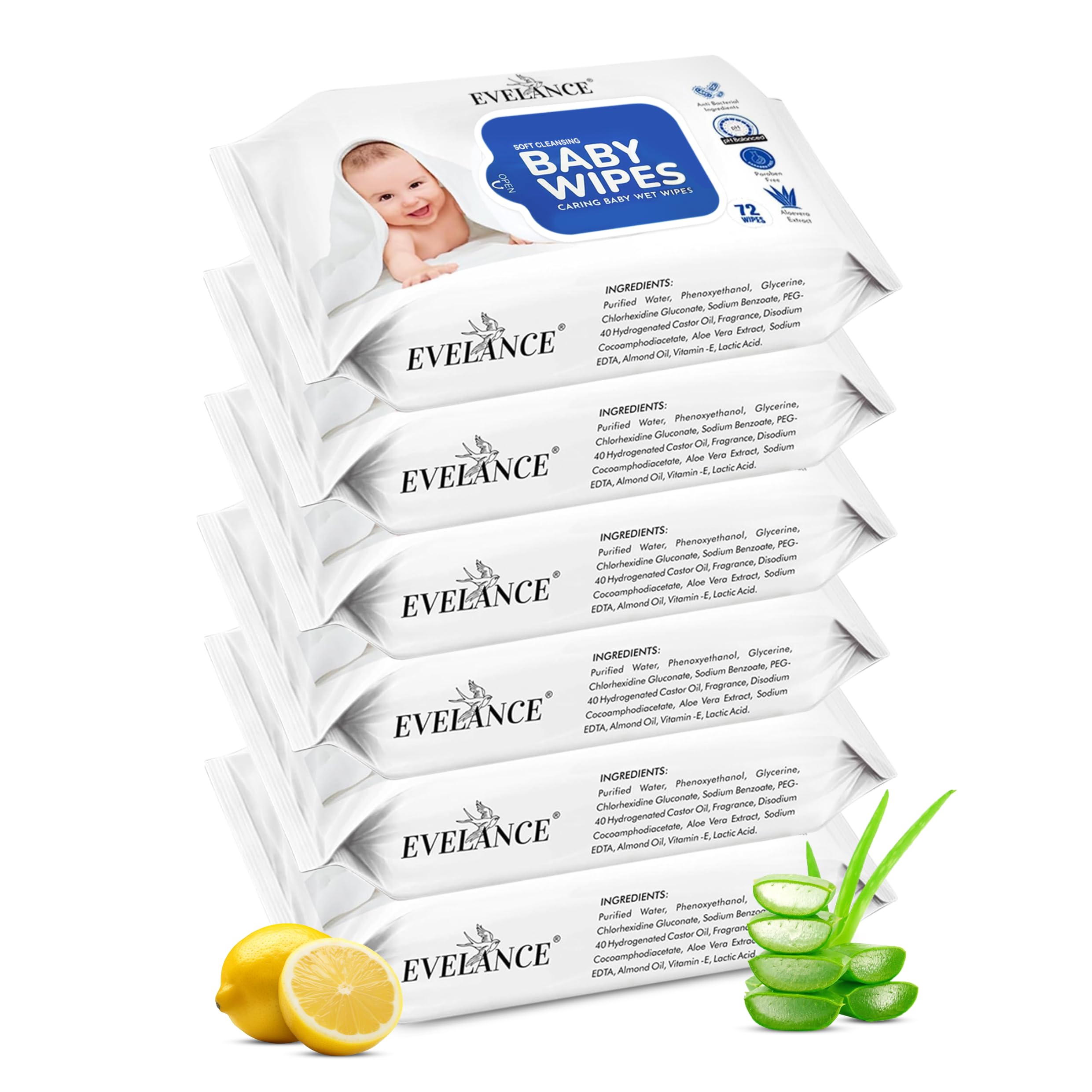EVELANCE Soft Cleansing Baby Wet Wipes (Pack of 6) 72 Wipes Each, Daily Use Wipe Enriched with Glycerine, Aloe Vera, Lemon, 98% Water, For New Born Babies and Kids-image-43
