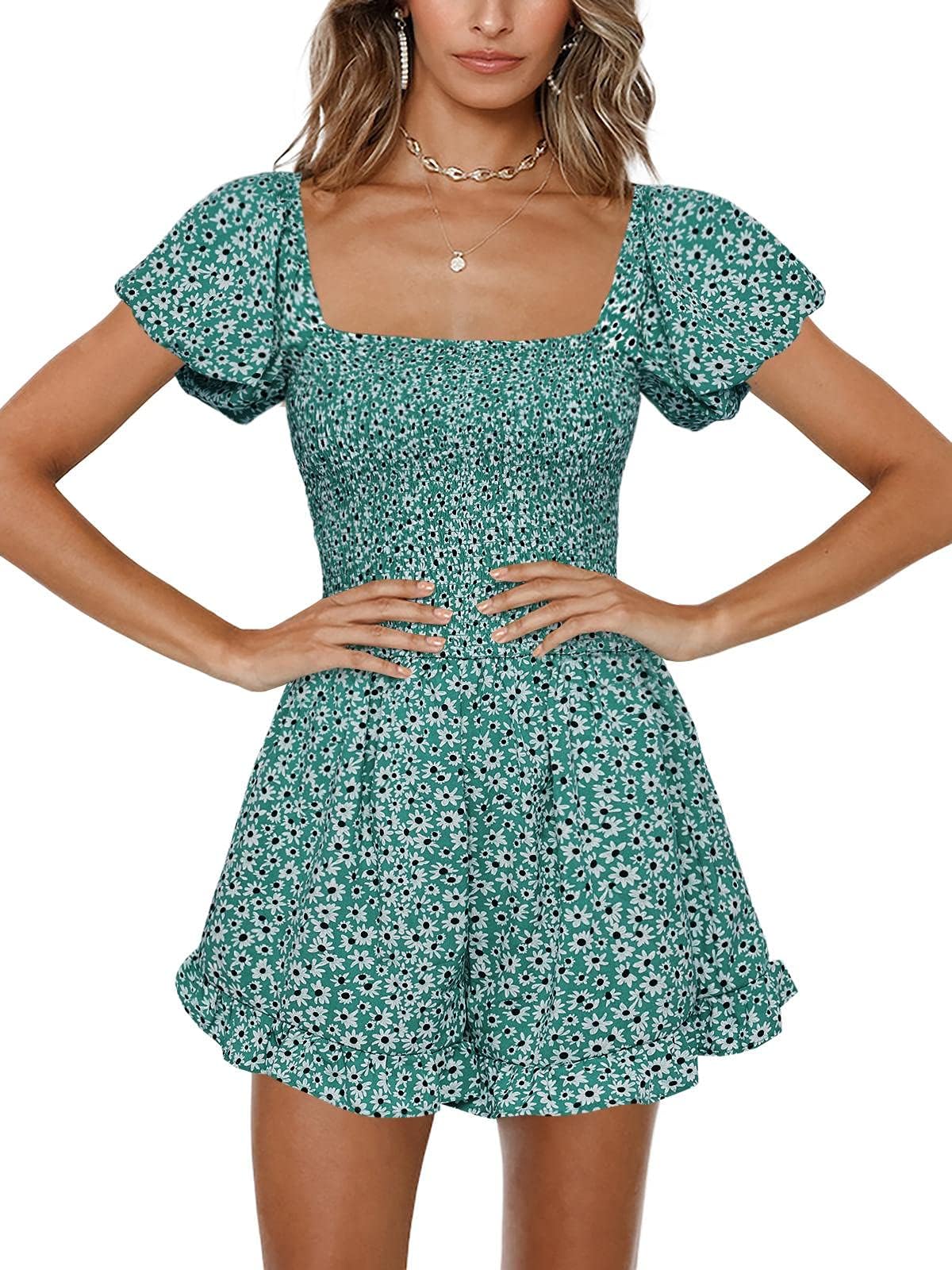 Jeanewpole1Women Shirred Smocked Tube Top Short Wide Leg Pants Romper Jumpsuit Green