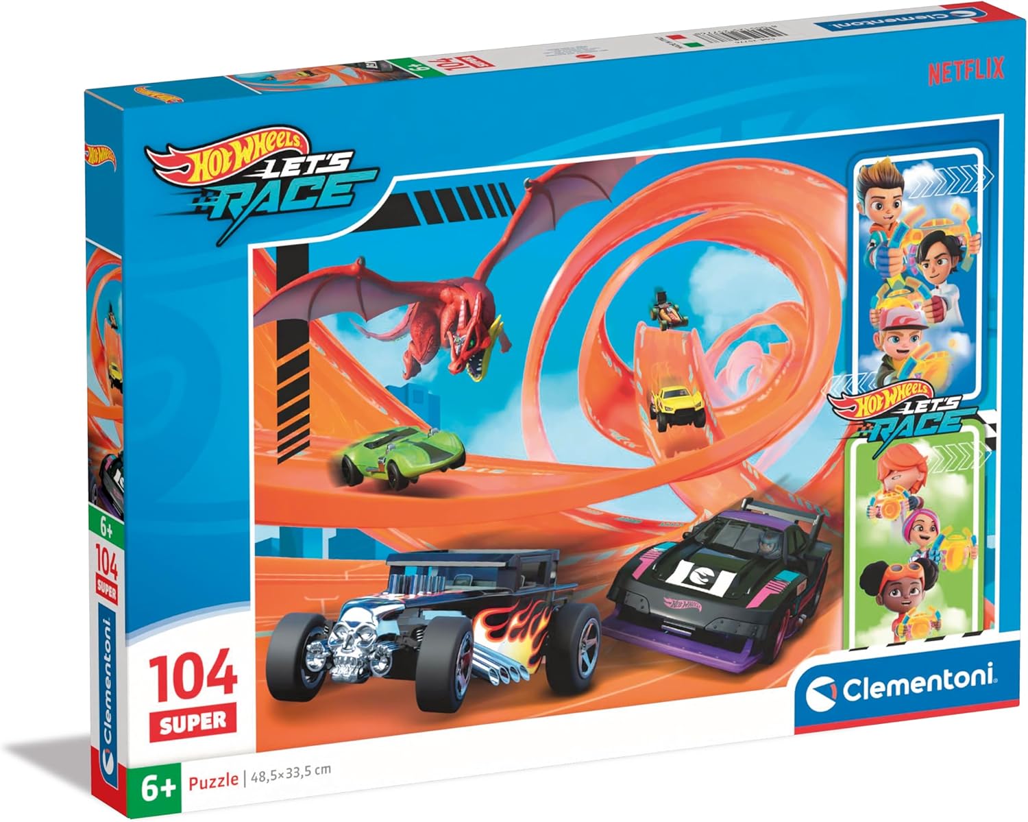 Clementoni - Hot Wheels Supercolor Wheels-104 Pieces Children 6 Years, Cartoon Jigsaw Puzzles, Made in Italy, Multicoloured, 25776