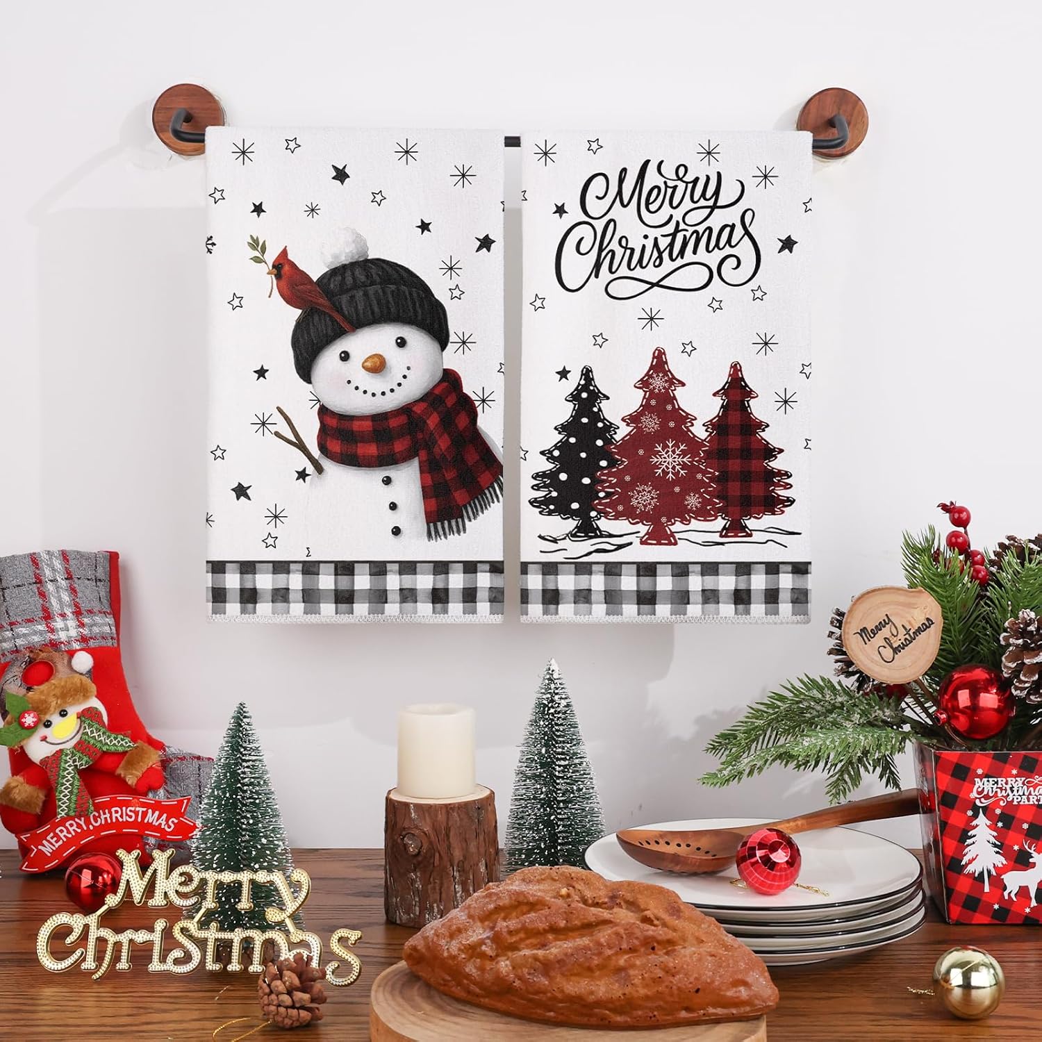 Siilues Christmas Kitchen Towels 18x26 Inch Set of 2, Tree Snowman Snowflake Merry Christmas Dish Towels Seasonal Winter Decorations for Home Drying Dishcloth - Image 2