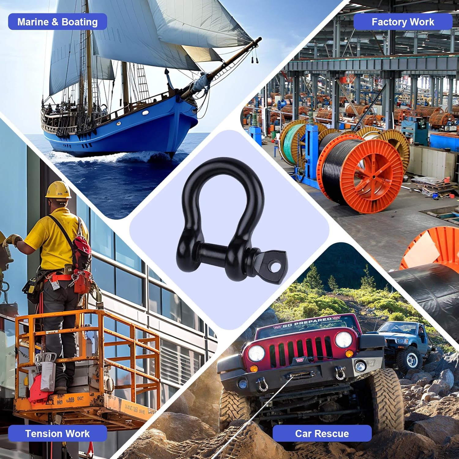 Premium Black 316 Stainless Steel D-Ring Shackles Set, Marine Grade 1/4" 5/16" 3/8" 1/2" Heavy-Duty Bow Shackles for Boat Anchor Chains, Sailboat Rigging - Image 7