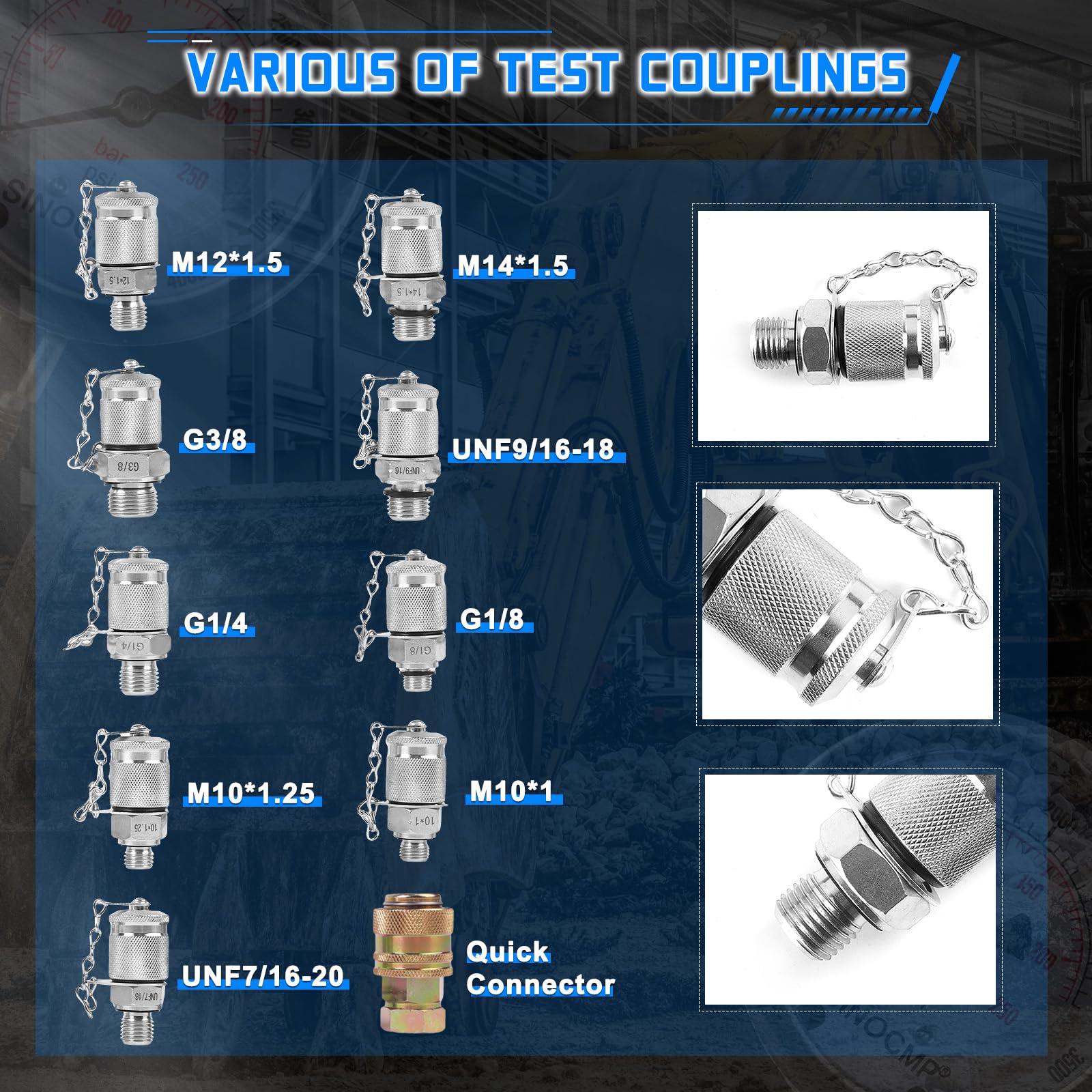 Kit manometro per prova idraulica con manometri 10/25/40/60 Mpa Kit per prova pressione idraulica con custodia in lega di alluminio argento per escavatori
