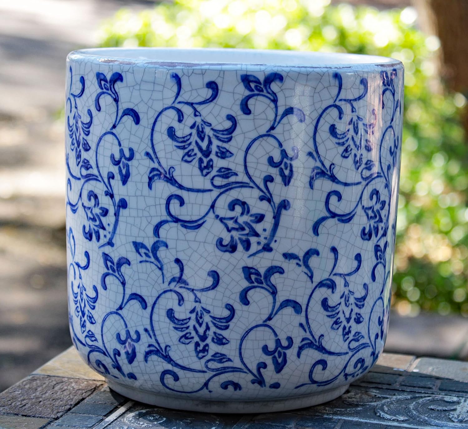 Old World Ceramic Blue and White Pattern Round planters or Garden pots (Cylindrical Vine Print 7 inches Tall)