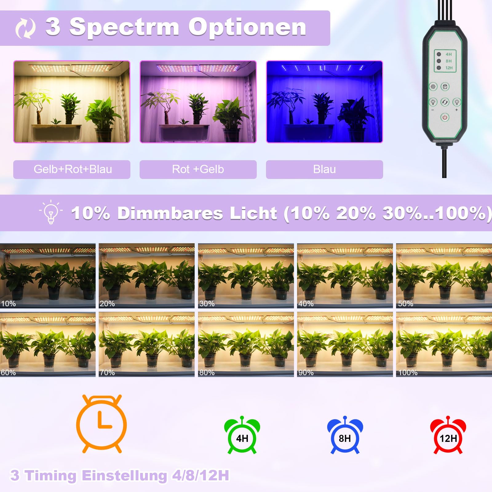 Pflanzenlampe led vollspektrum (3-Modi), Wachstumslampe 10-stufige dimmbare Pflanze Grow Light,4/8/12H Timer grow lampe,304 LEDs unter Cabinet uv lampe pflanzen