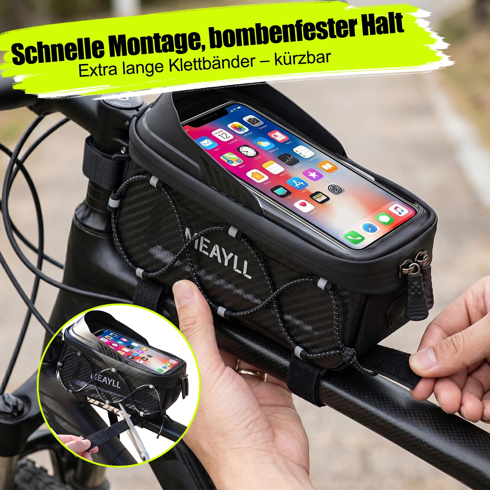 Fahrradtasche Rahmen 1,6L Wasserdicht I Rahmentasche Fahrrad mit Handyfenster & Touchscreen I Oberrohrtasche Fahrrad Klettverschluss – Ideal für Bikepacking, E-Bike, MTB, Gravelbike, Rennrad