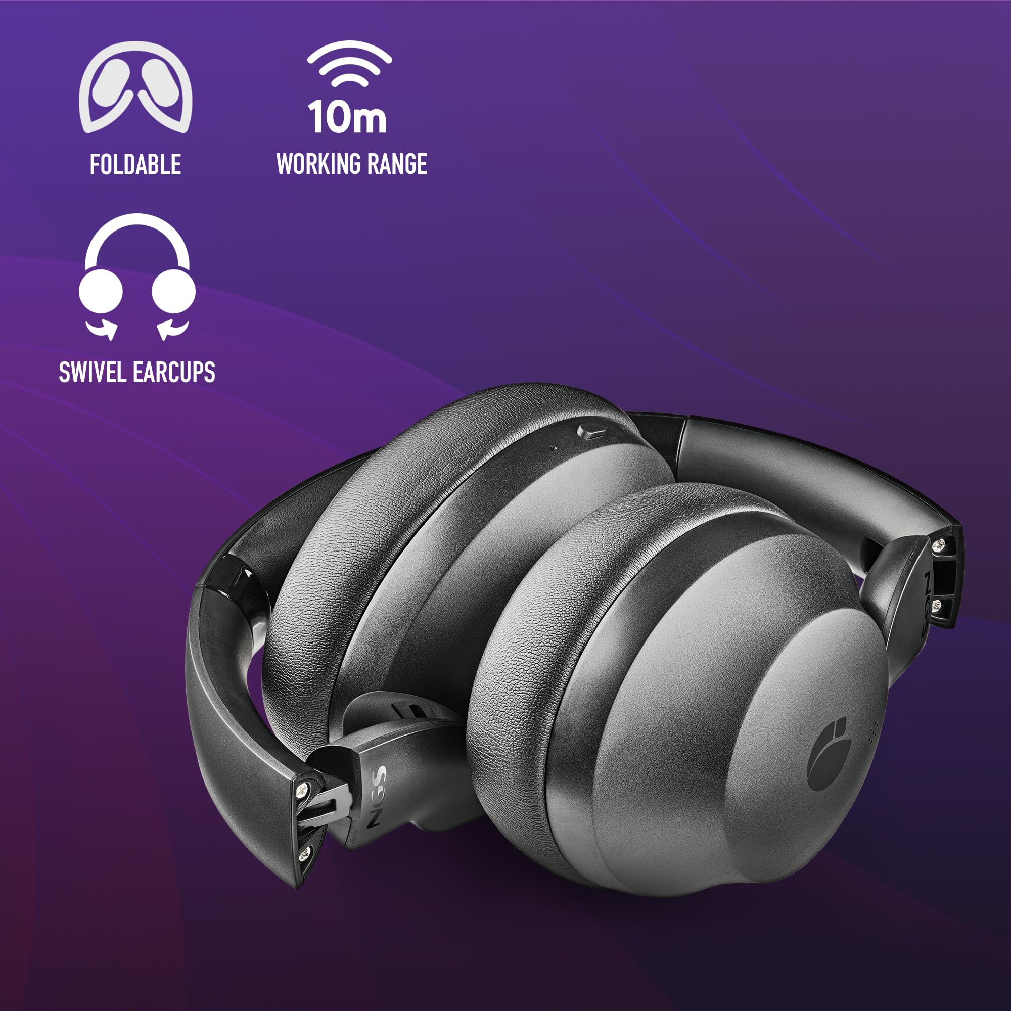 NGS Artica Shake - Cuffie wireless, cuffie compatibili Bluetooth, archetto regolabile, cuffie girevoli, tecnologia di riduzione del rumore ANC, microfono integrato, nero