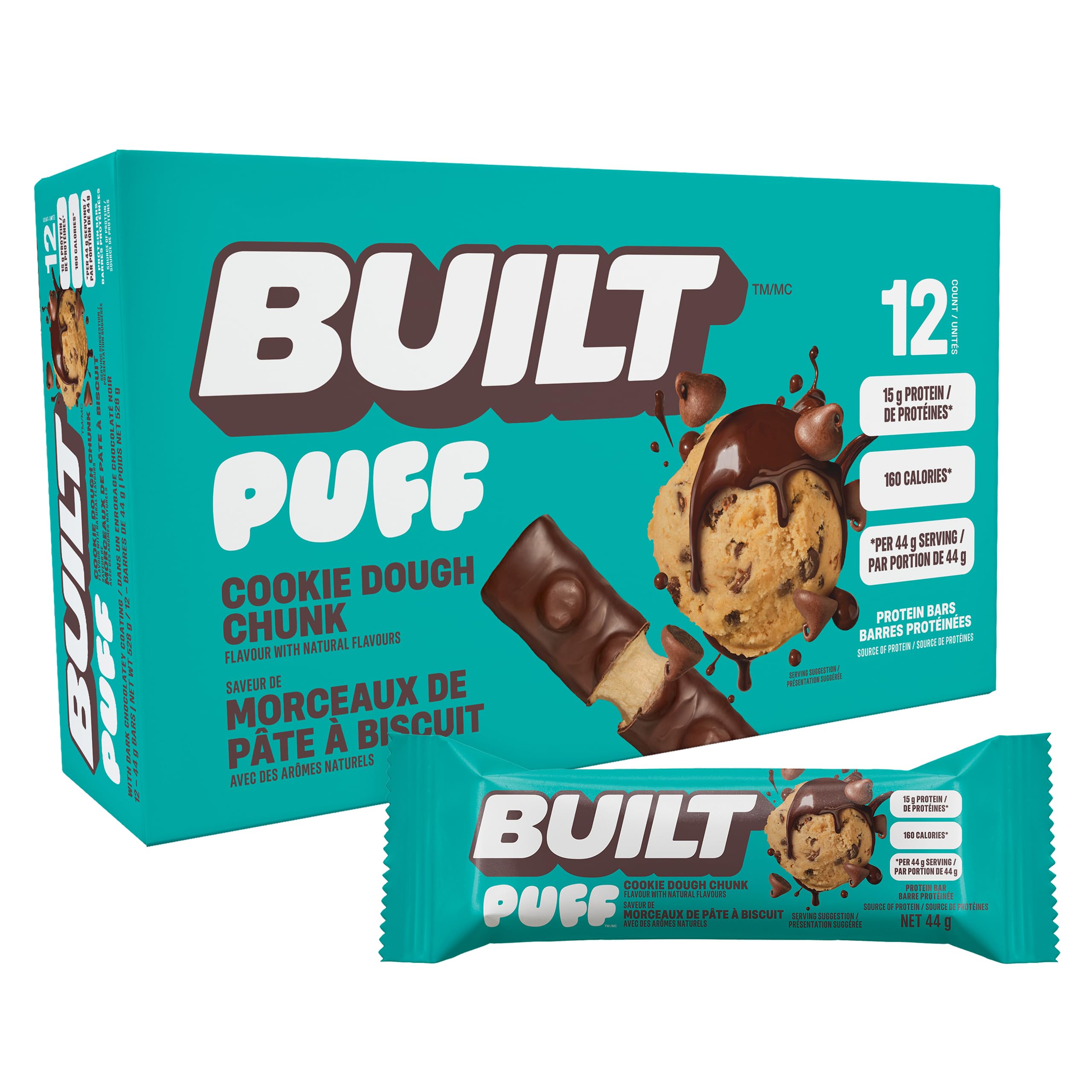 BUILT Bar Puff Protein Bars - Cookie Dough - 15g Protein Snack Bars with Collagen - Calorie Conscious, No Gluten Free - 12 Count