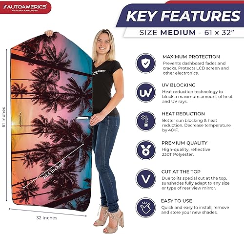 Miniatura 2 de Autoamerics Parasol para parabrisas de 1 pieza, diseño de palmeras, plegable, para ventana delantera de automóvil, SUV, camión, bloqueador de calor,