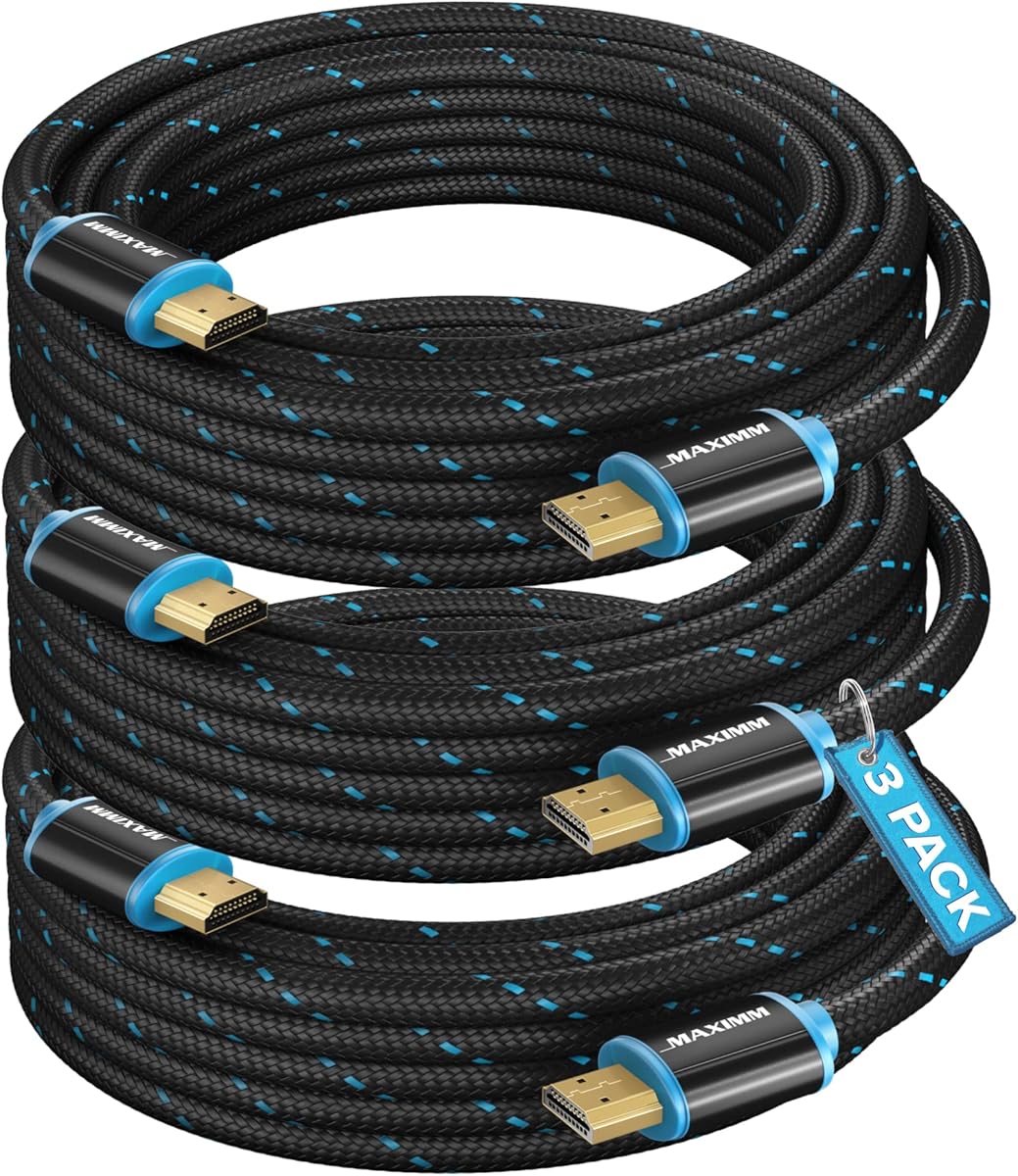 Maximm HDMI Cable 4K Ultra HD 15 Foot (3 Pack) Nylon Braided HDMI 2.0 Cable, High Speed 18Gbps 4K60Hz HDR, 3D, 2160p, 1080p, HDCP 2.2, ARC, HDMI Cables for Monitors, HDTV
