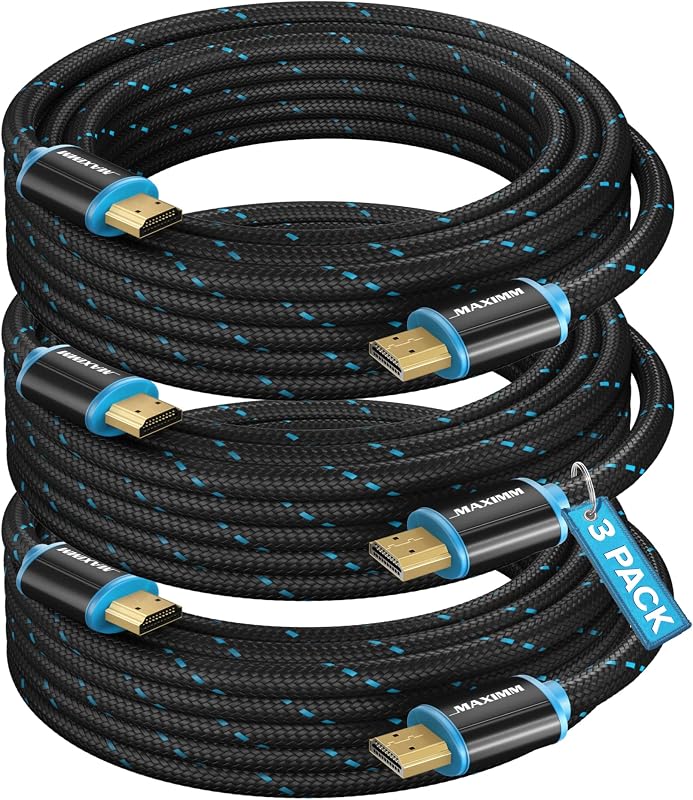 Maximm HDMI Cable 12ft 3-Pack, 4K 60Hz 18Gbps, HDMI 2.0, Braided Nylon, Gold-Plated Connectors, for Home Theater TV Wall Mount and Projector