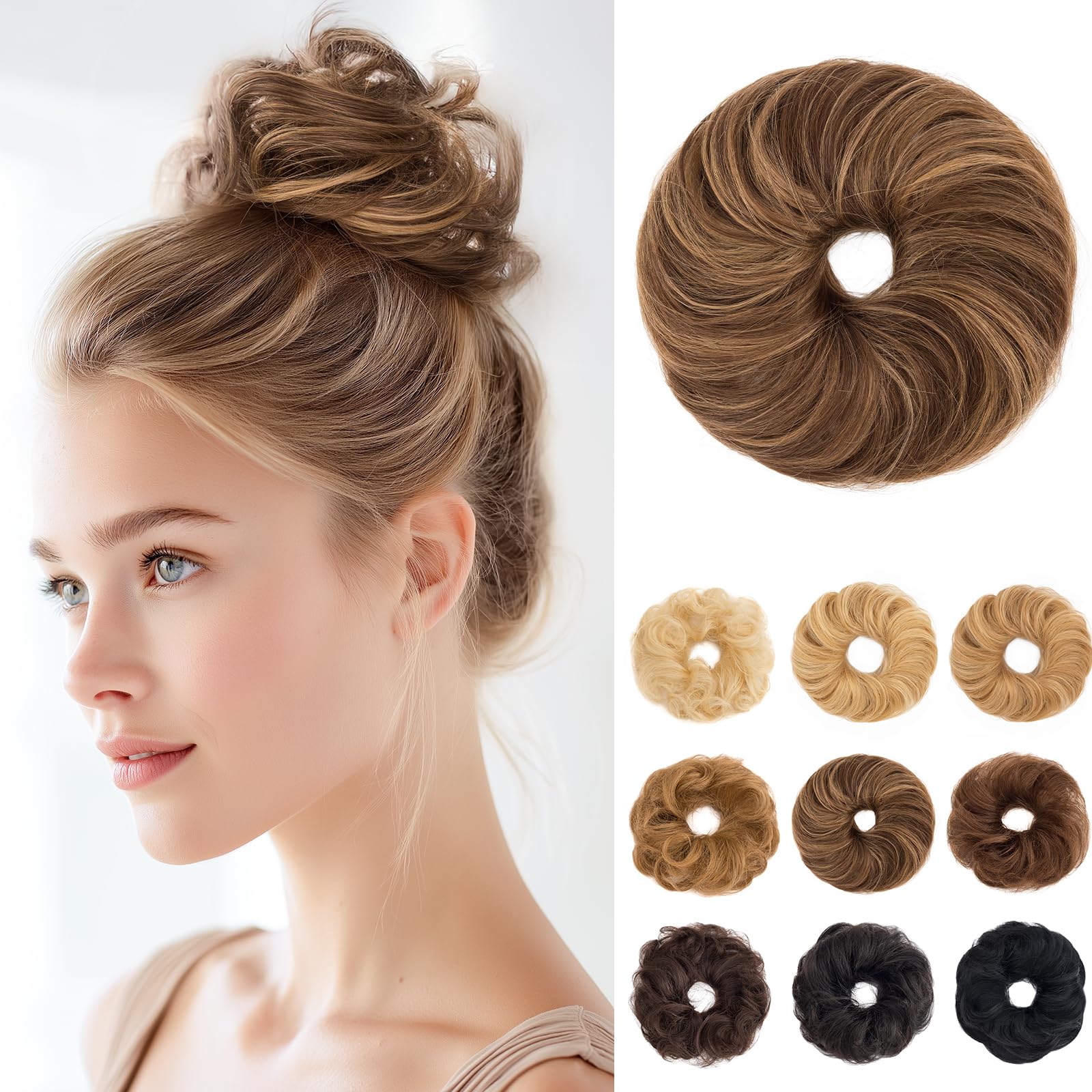 SEGOHAIR 17G Messy Bun Scrunchies Human Hair Curly Wavy Donut Hairpiece for Women Girls Medium Brown Mixed Dark Blonde Hair Bun Maker Elastic Real Remy Donuts Updo Chignon