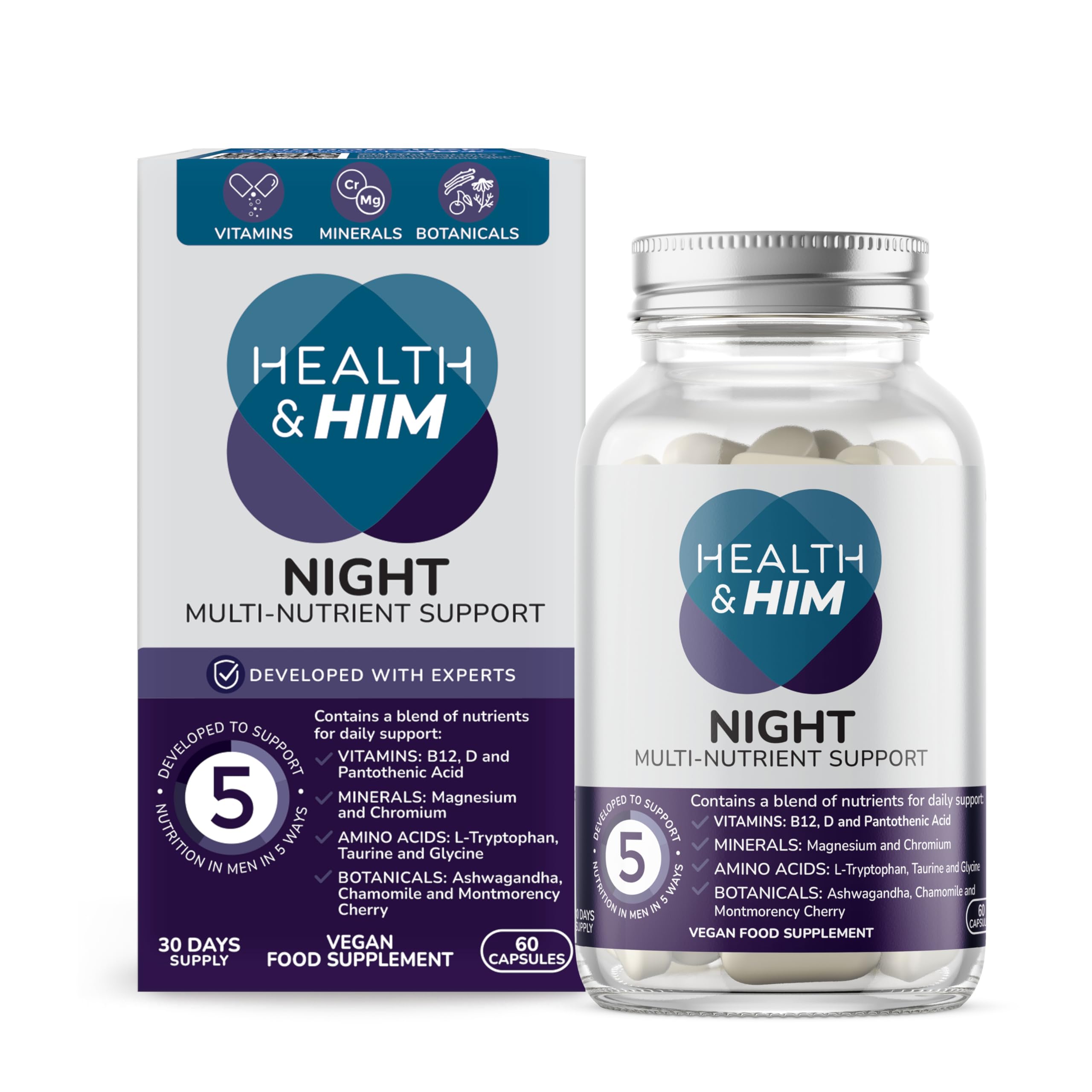 Health & Him Night Supplements for Men - 60 Capsules - Men's Multivitamin with Magnesium, Ashwagandha & Chamomile - Vegan, Gluten-Free