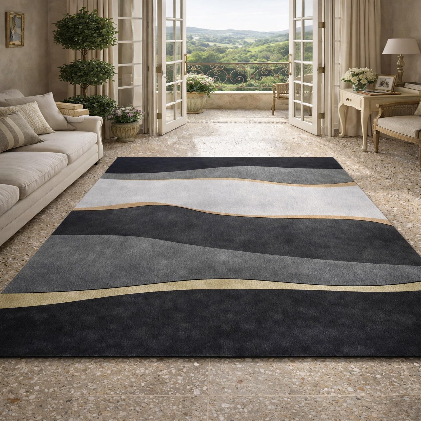 Tapis de salon moderne abstrait noir et jaune 120x200 cm pour chambre à coucher