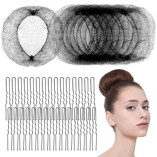 50 redes para el cabello para moños, juego de moños de malla con borde elástico invisible de 20 pulgadas con 40 horquillas para el cabello, donas