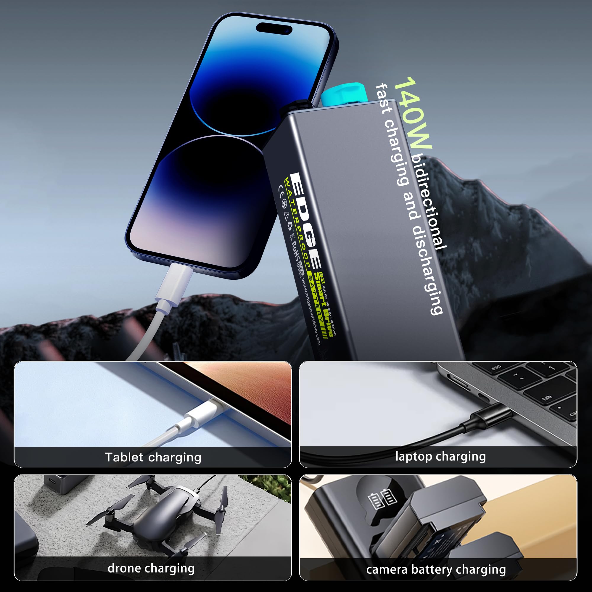 Edge B4 IP68 - Banco de energía impermeable de alto rendimiento con 140 W USB-C PD3.1 función de carga rápida y control de temperatura inteligente, ideal para aventuras al aire libre y deportes