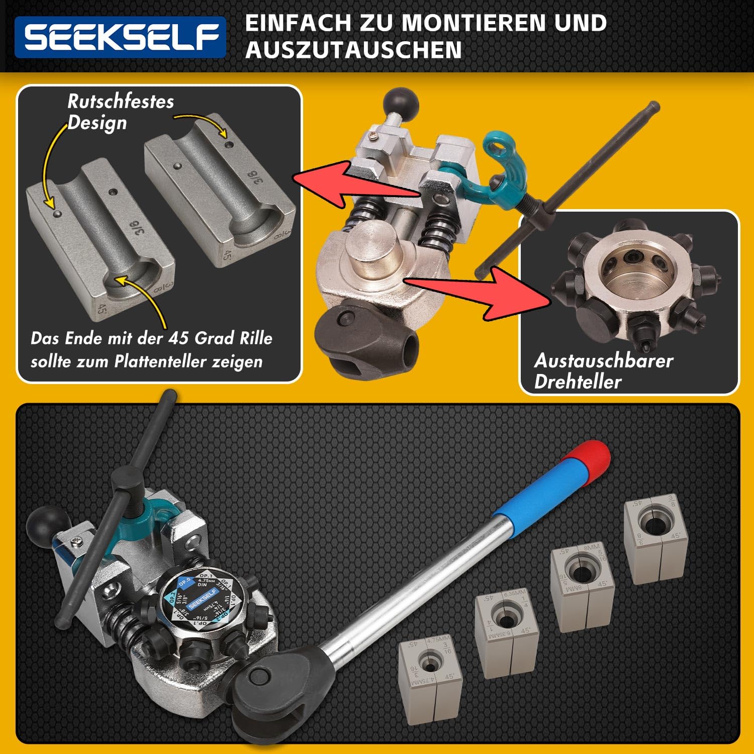 Professional Bremsleitungs-Bördel-Werkzeugsatz für 45-Grad-Einzel-, Doppel- und Bubble-Bördel, 3/16", 1/4", 5/16", 3/8" und 4,75 mm Stahl-Kupfer-Metallschlauch, schwarz