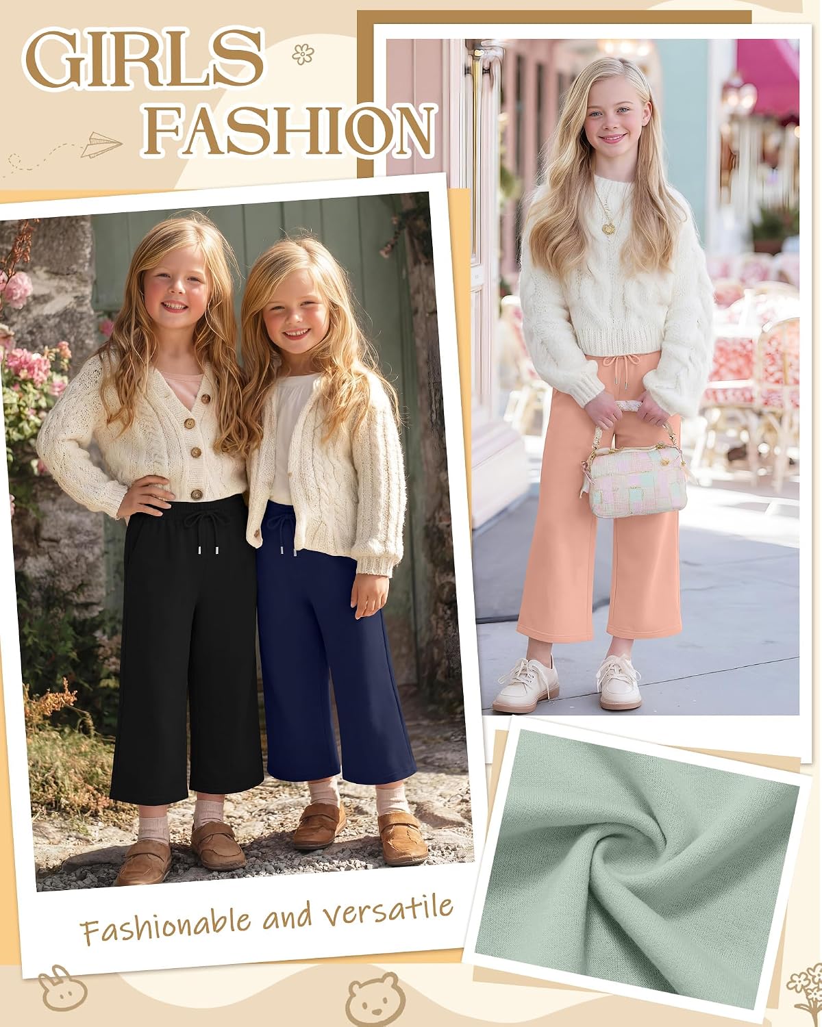 4 Pack Girls Capri Pants Wide Leg Baggy Cropped Sweatpants Basic Casual Solid Capris with Pockets and Drawstring