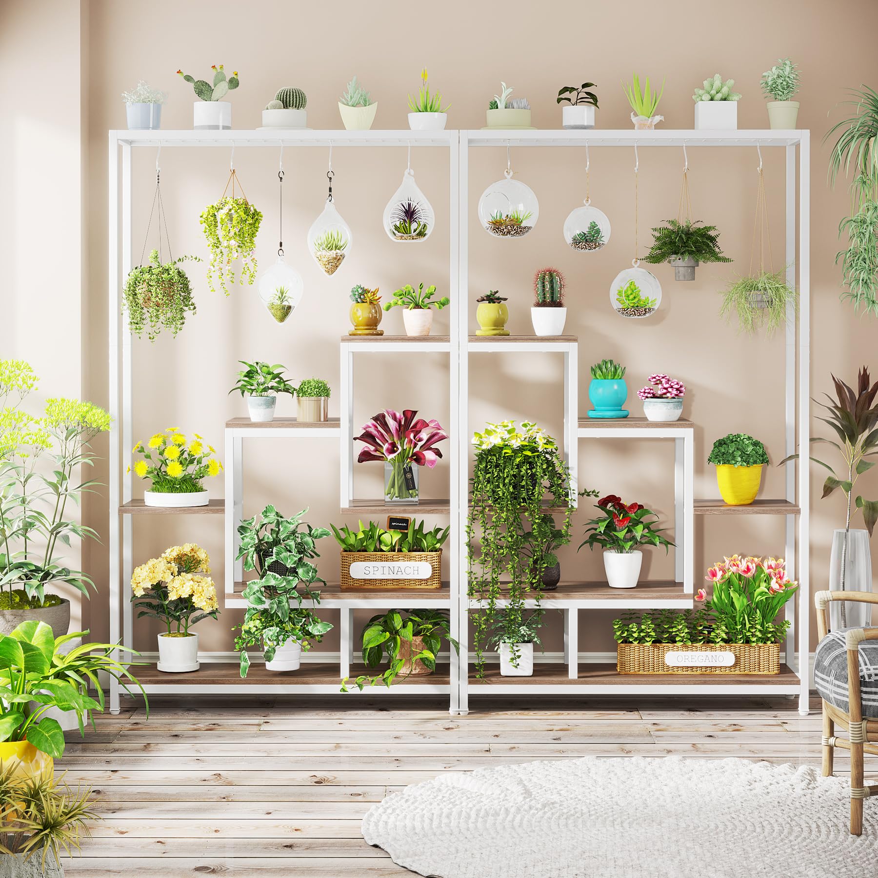 Tribesigns Soporte alto para plantas de interior de 5 niveles, estante de metal de 180 cm con 10 ganchos para colgar en S, estante de exhibición multiusos para bonsái de flores para interiores