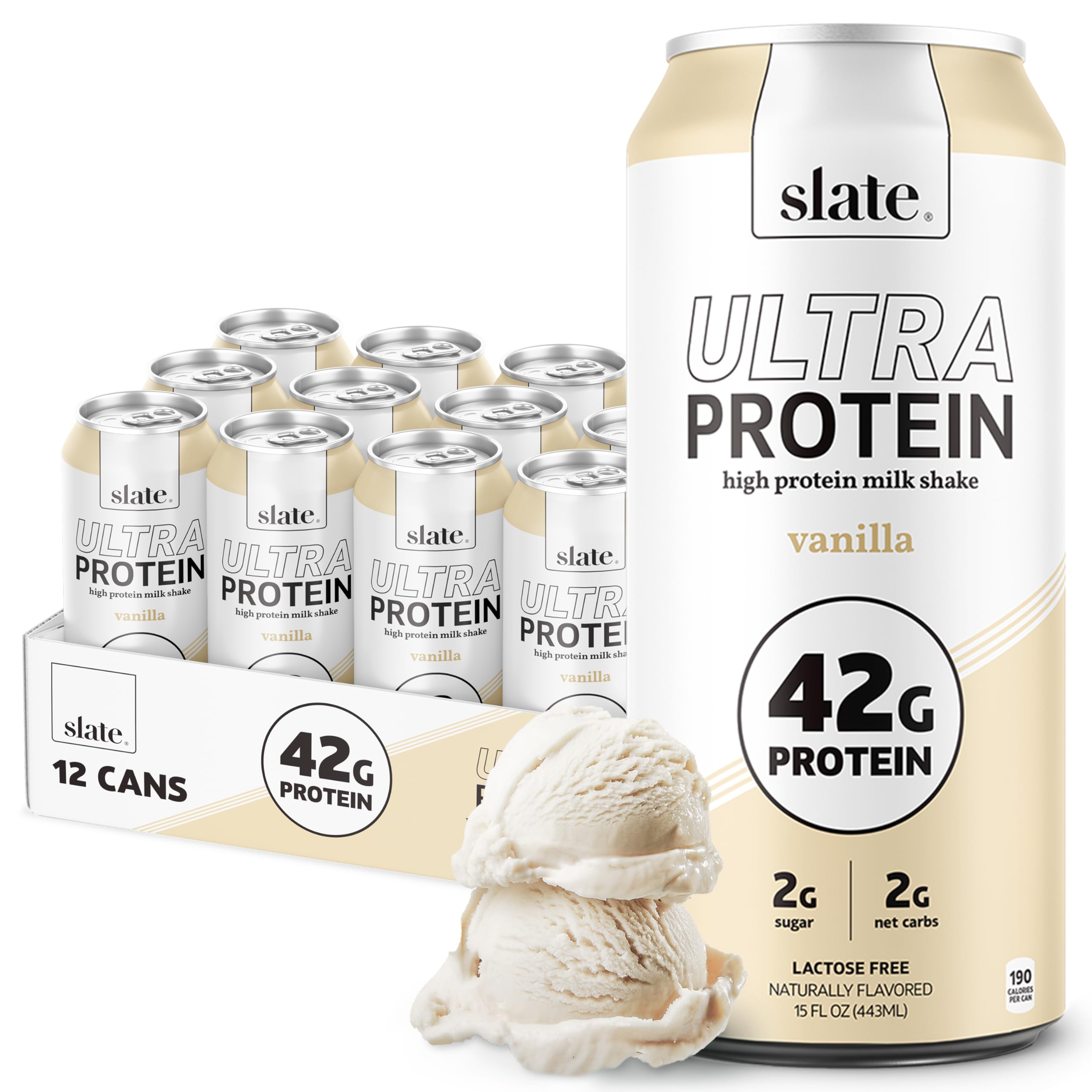 Slate Milk - Ultra High Protein Shake - Vanilla - 42g Protein, 2g Sugar, 190 Calories, 2g Net Carbs - Lactose Free - No Added Sugar, No Seed Oils - Breakfast Boost, Post Workout - 15 fl oz, 12 Cans