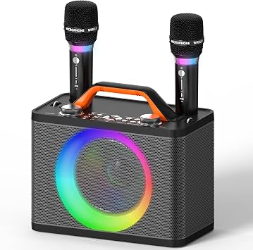 Karaoke Machine with 2 Wireless RGB Microphones - 5200mAh Karaoke with 10 RGB Modes Independent Control Panel 13 Hours Playback Hi-Fi Sound Karaoke Supports AUX/USB/TF Card/USB/Coax (Grey)