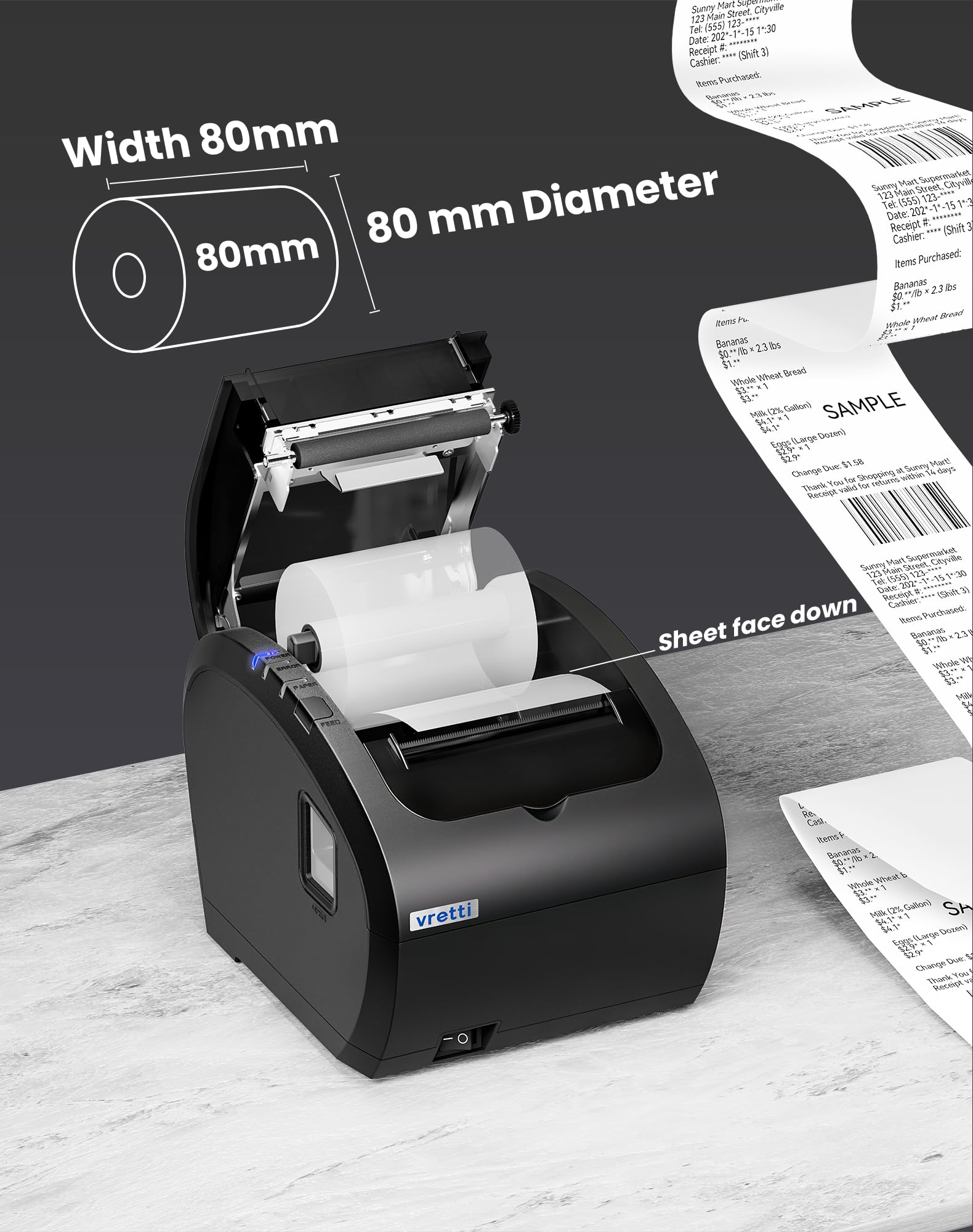 vretti Imprimante de Reçus Thermique 80mm, POS Imprimante Ticket de Caisse avec Support de Coupe Automatique, USB+LAN+Serial