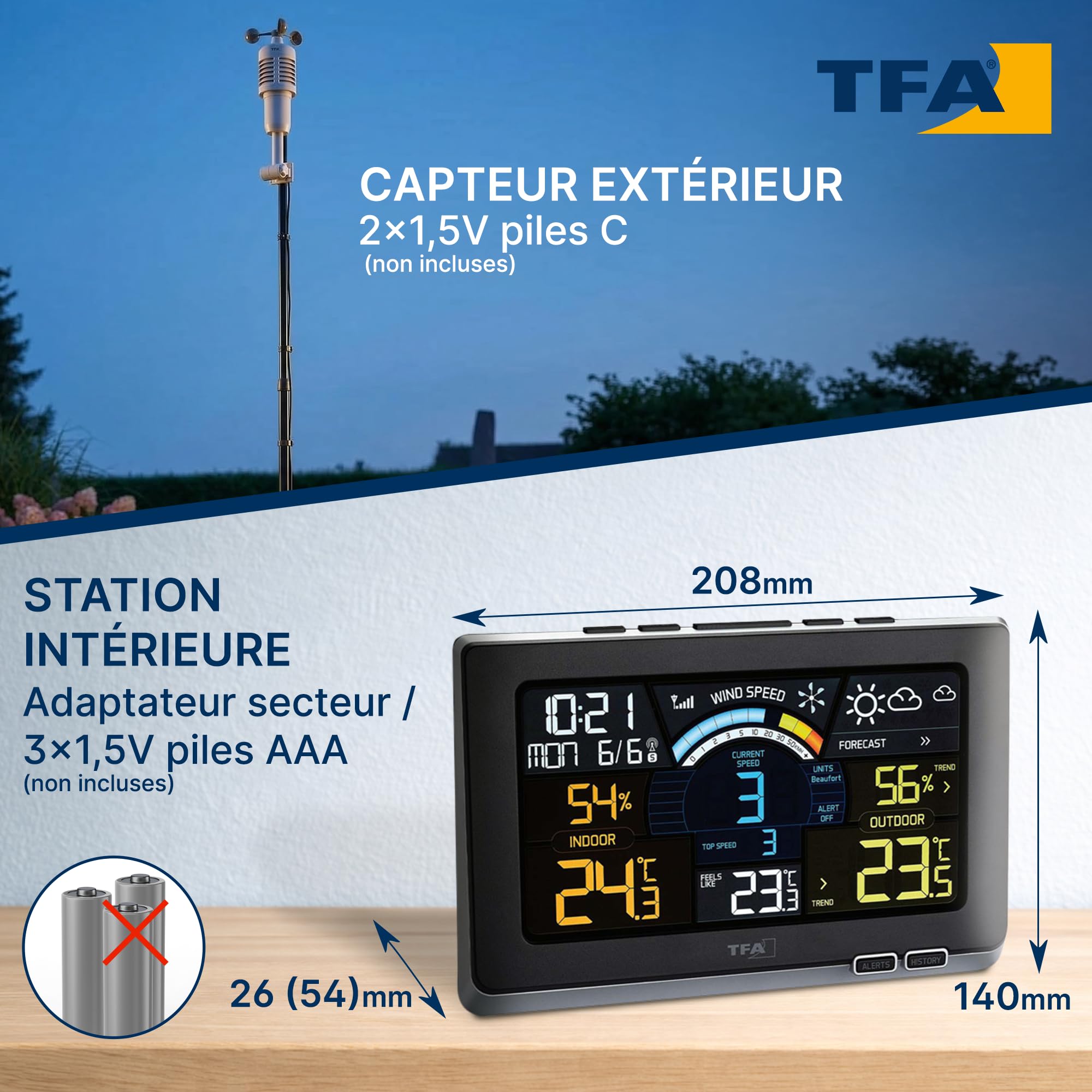 TFA Dostmann Station météo sans fil Spring Breeze, 35.1140.01, avec anémomètre, pression atmosphérique, avec écran couleur, prévisions météo avec limites d'alarme/symboles, noir