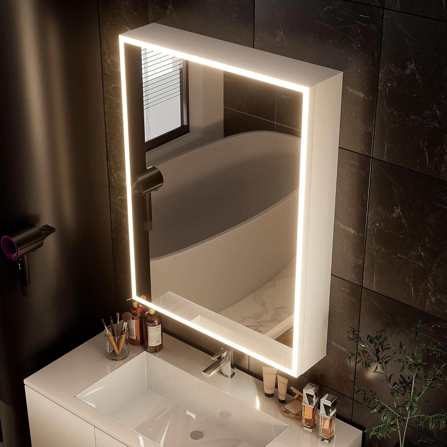 32x24 inch LED Lighted Medicine Cabinet with Mirror, Moisture-Resistant Wood, Dimming Function, 3000K/5500K, Defogger, Adjustable Shelf, Flat-Pack Design – Assembly Required W24 x H32 1 door Straight Corner Door White