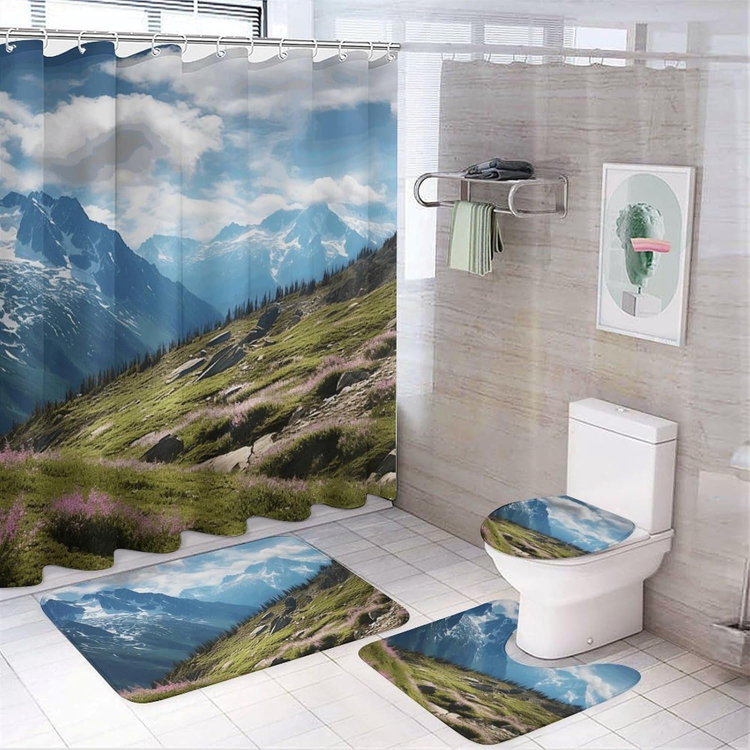 Mountains Shower Curtain Set 4 Piece, Non-Slip Bath Mat with Toilet Lid Cover and Waterproof Shower Curtain with 12 Hooks, Complete Bathroom Set for Home Decor