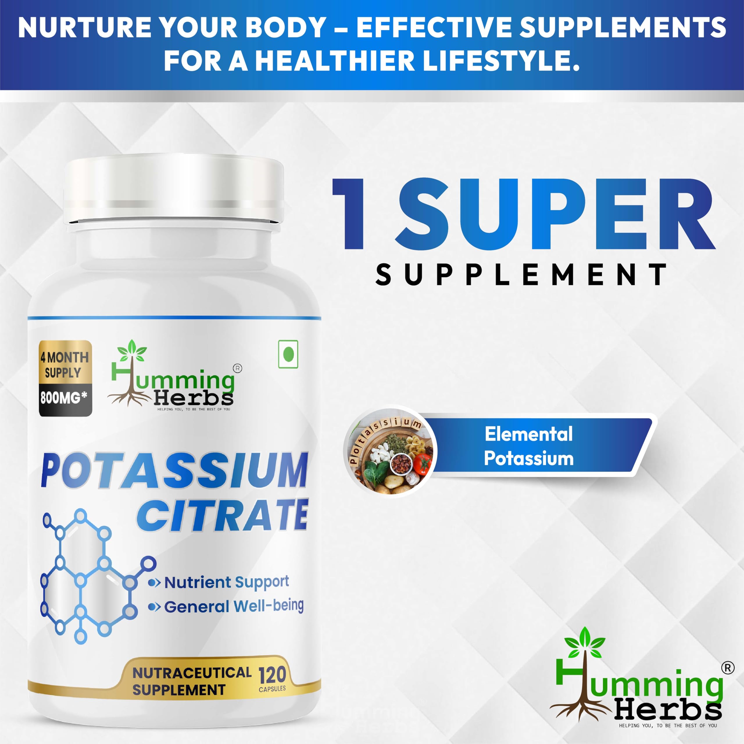 Humming Herbs Potassium Citrate Electrolyte Balance, Muscle & Heart Support | Essential Mineral for Hydration, Nerve Function & General Well-Being (120) 2