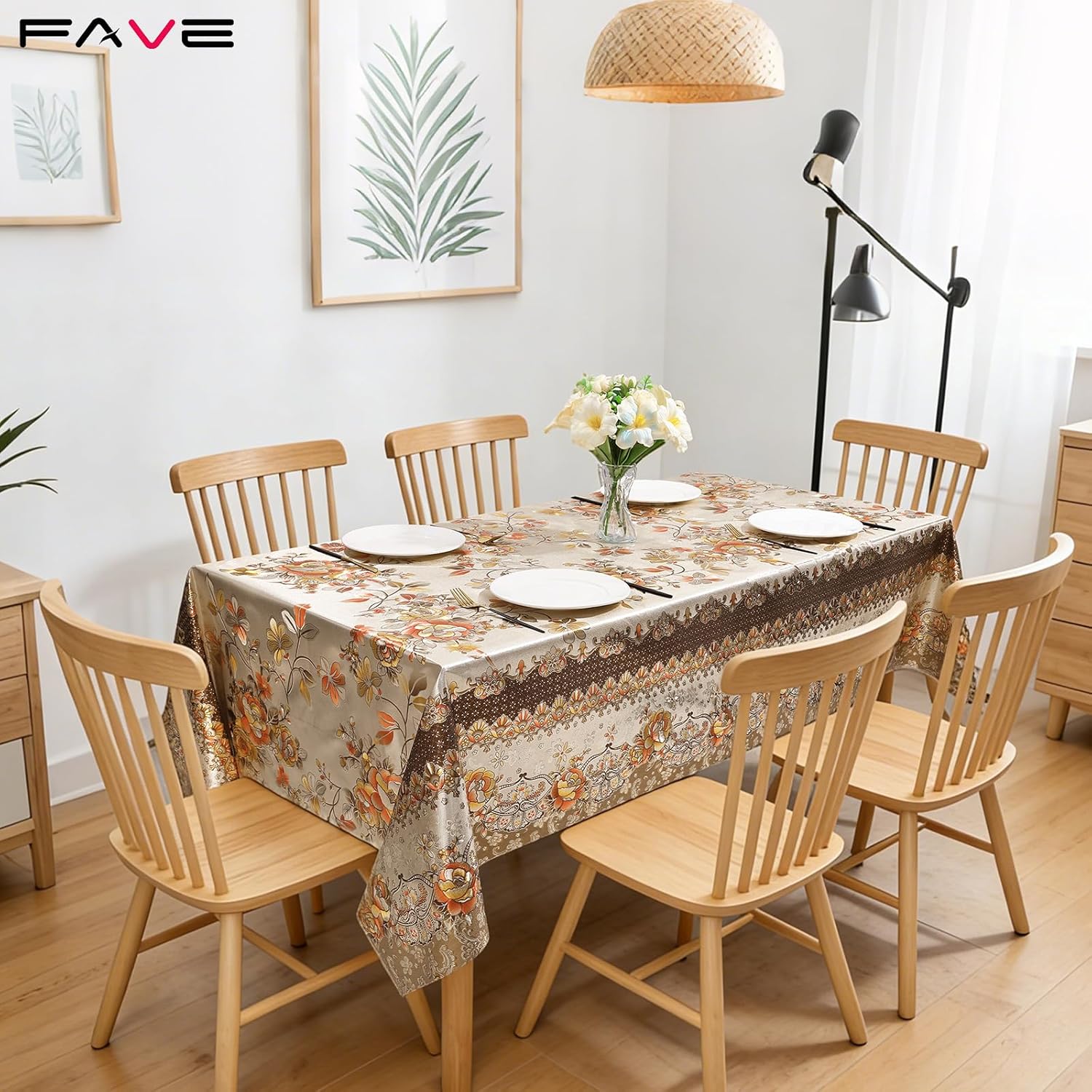 FAVE Peony Gold Tablecloths Vinyl Tablecloth for Kitchen Dining Table Wipeable PVC Tablecloth Cover for Wedding, Banquet, Birthday, Party, Restaurant Decorations(Gold,55”x78”)