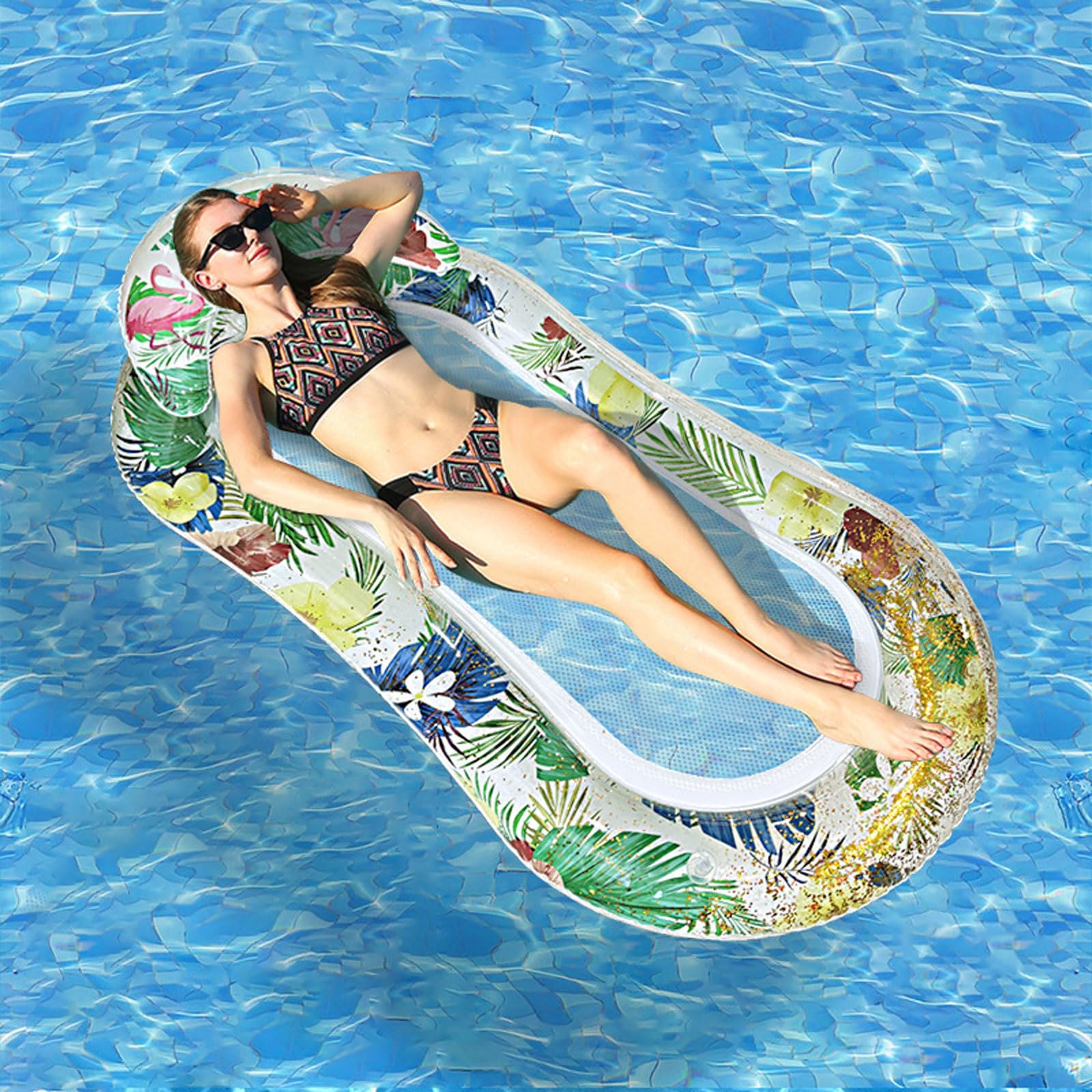 Blissbuilt Giant Inflatable Mesh Lounger With Ombre Glitter Design -Relax Luxury Swimming Pool Lounger With Headrest,for Adults,Summer Parties,Lakes,and Beach