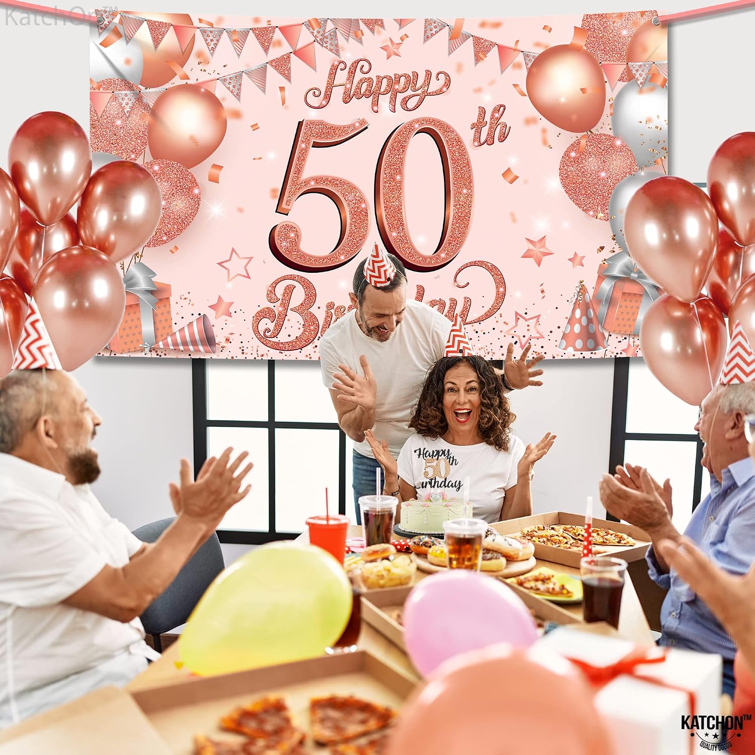 KatchOn, Xtralarge Rose Gold Happy 50th Birthday Banner - 72 X 44 Inch, Reusable, Water Resistance - 50th Birthday Decorations for Women