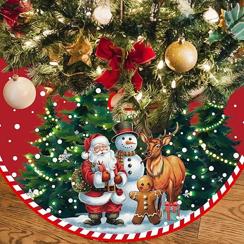 Falda de árbol de Navidad, 48 pulgadas, falda roja de árbol de Navidad, falda de árbol de Navidad de Papá Noel y muñecos de nieve, tapete grande de