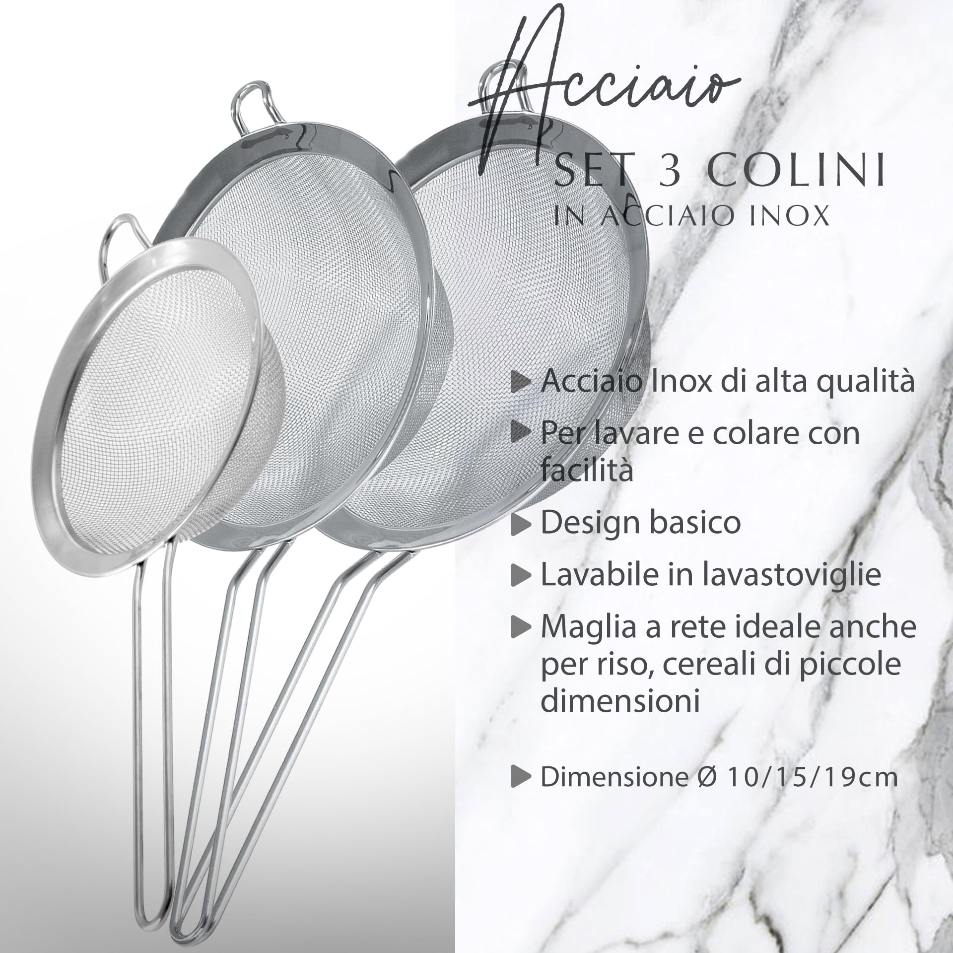 Fackelmann Set 3 Colini in acciaio inox, Colino da cucina a rete fine per farina, zucchero a velo, riso, tè, setaccio per pasta, mini scolapasta per frutta e verdura, 10, 15, 19 cm