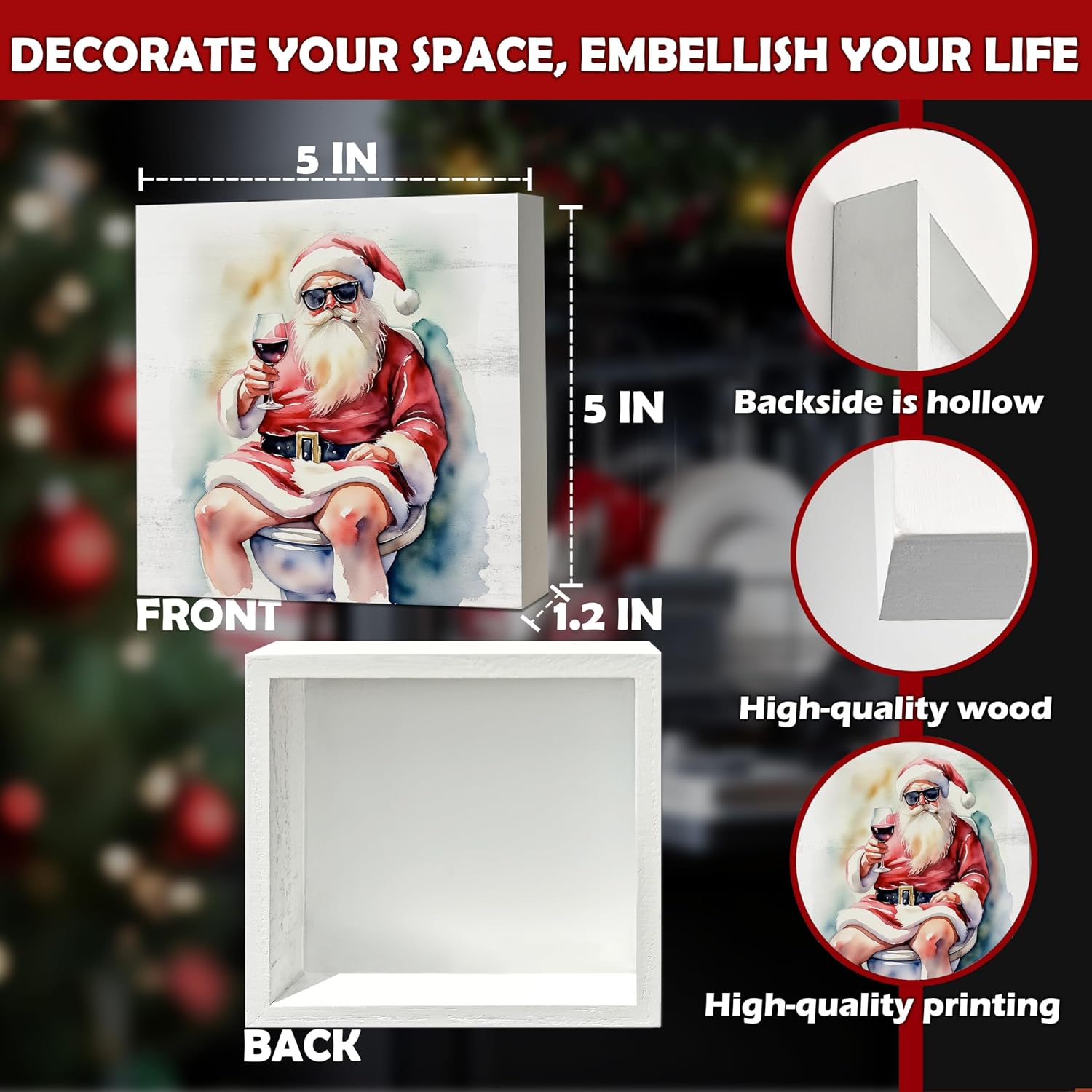 Santa Bathroom Decor, Christmas Santa Toilet Wine Wooden Box Sign, Funny Christmas Santa Wood Signs for Bathroom Toilet Restroom Counter Shelf Wall Decoration 5x5 Inch image 2