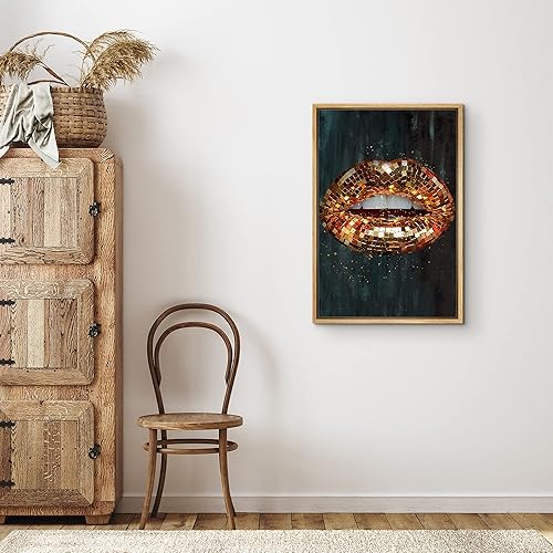 Miniatura 2 de SIGNWIN Lienzo enmarcado para pared, diseño de discoteca naranja, negro y dorado, labios brillantes, textura de personas, fotografía, realismo,