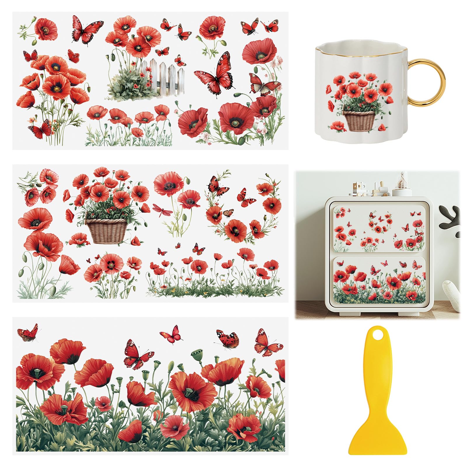 HICOHAND Rub On Transfers for Crafts, 3pcs Poppy Theme Transfers UV DTF Stickers Waterproof Decals Furniture for Wood Door Window DIY Home Decor — image 1