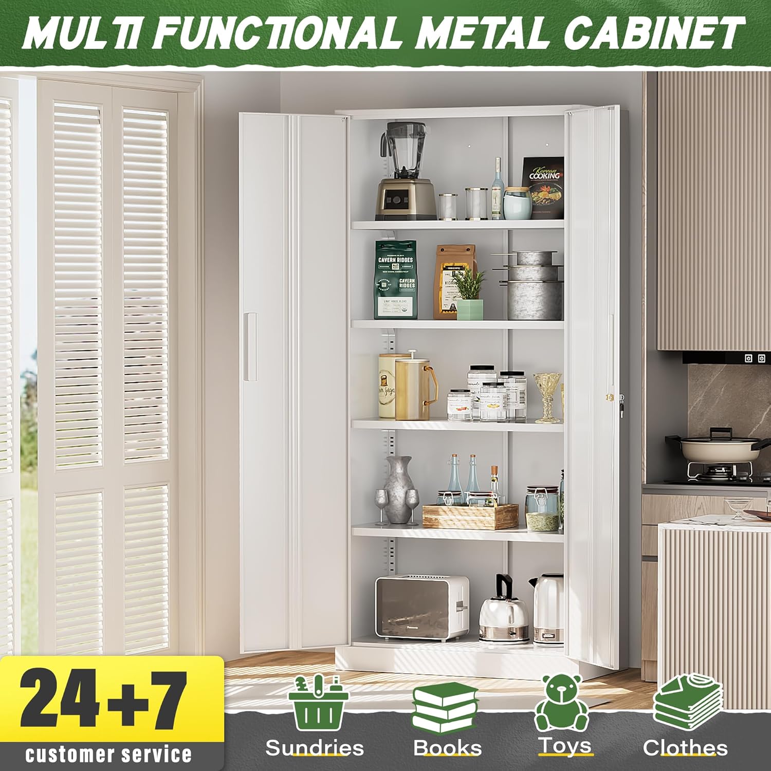 Greenvelly Metal Storage Cabinet with 2 Doors and 4 Adjustable Shelves, 72" White Metal Cabinet with Locking Feature and 2 Keys for Office, Home, Garage, Gym, School