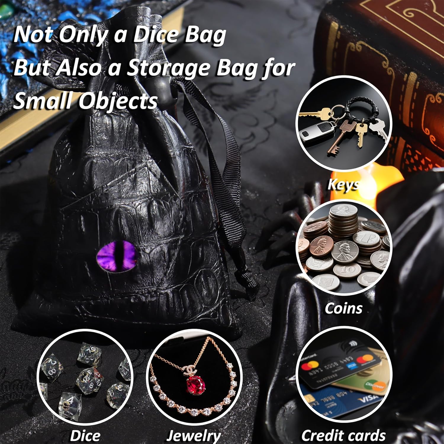Dice Bag with Dragon Element Design for D&D Dice, PU Leather Drawstring Storage Bag for DND RPG MTG Games, Coins and TTPRG Accessories, DND Gift (Purple)