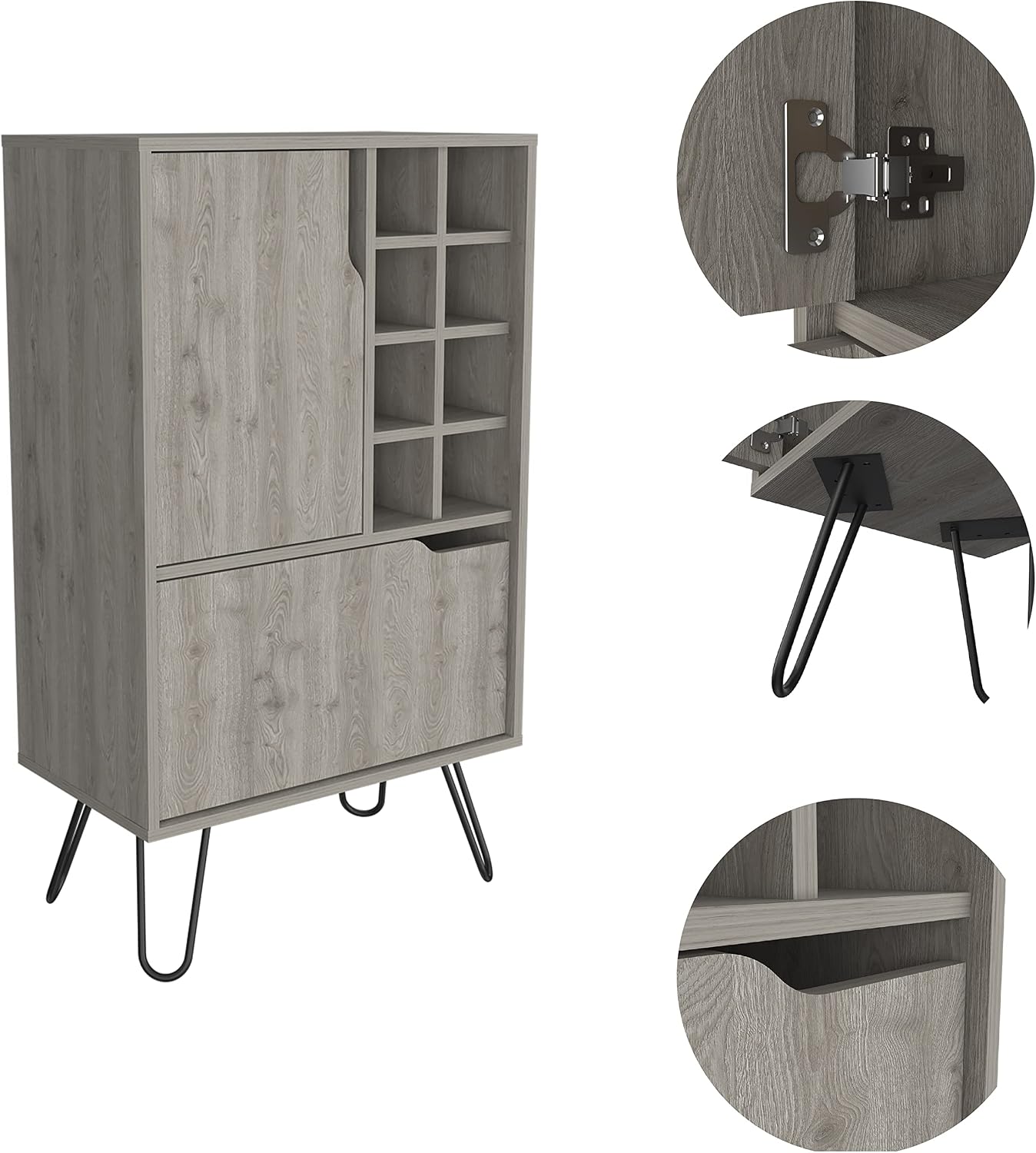 DEPOT E-SHOP Zamna L Bar Single Door Cabinet, 8 Built-in Wine Rack, 4 Legs, Light Gray