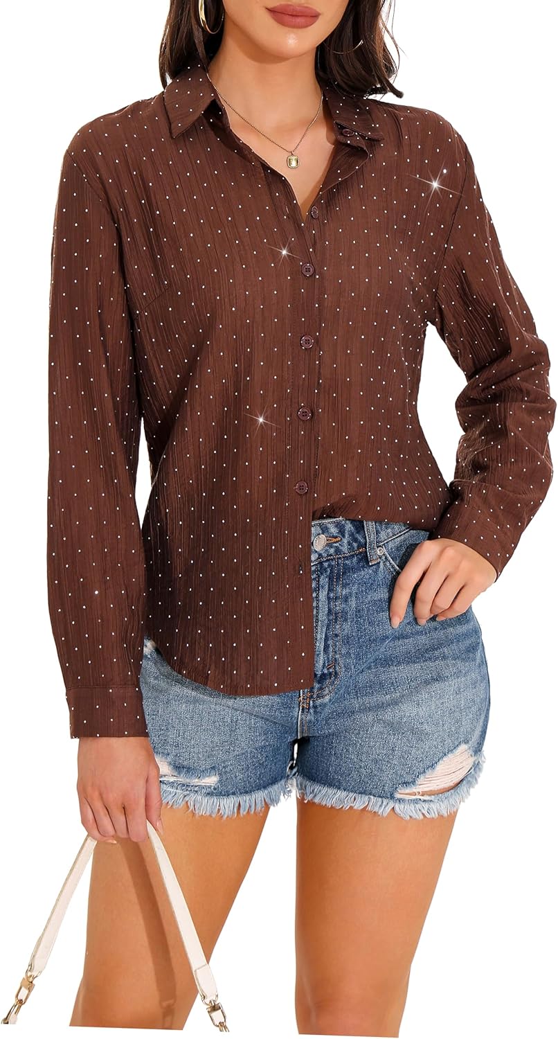 GUANYY Women's Sheer Button Down Shirt Rhinestone Sparkly Mesh Chiffon Blouse Long Sleeve Casual Top - Image 8