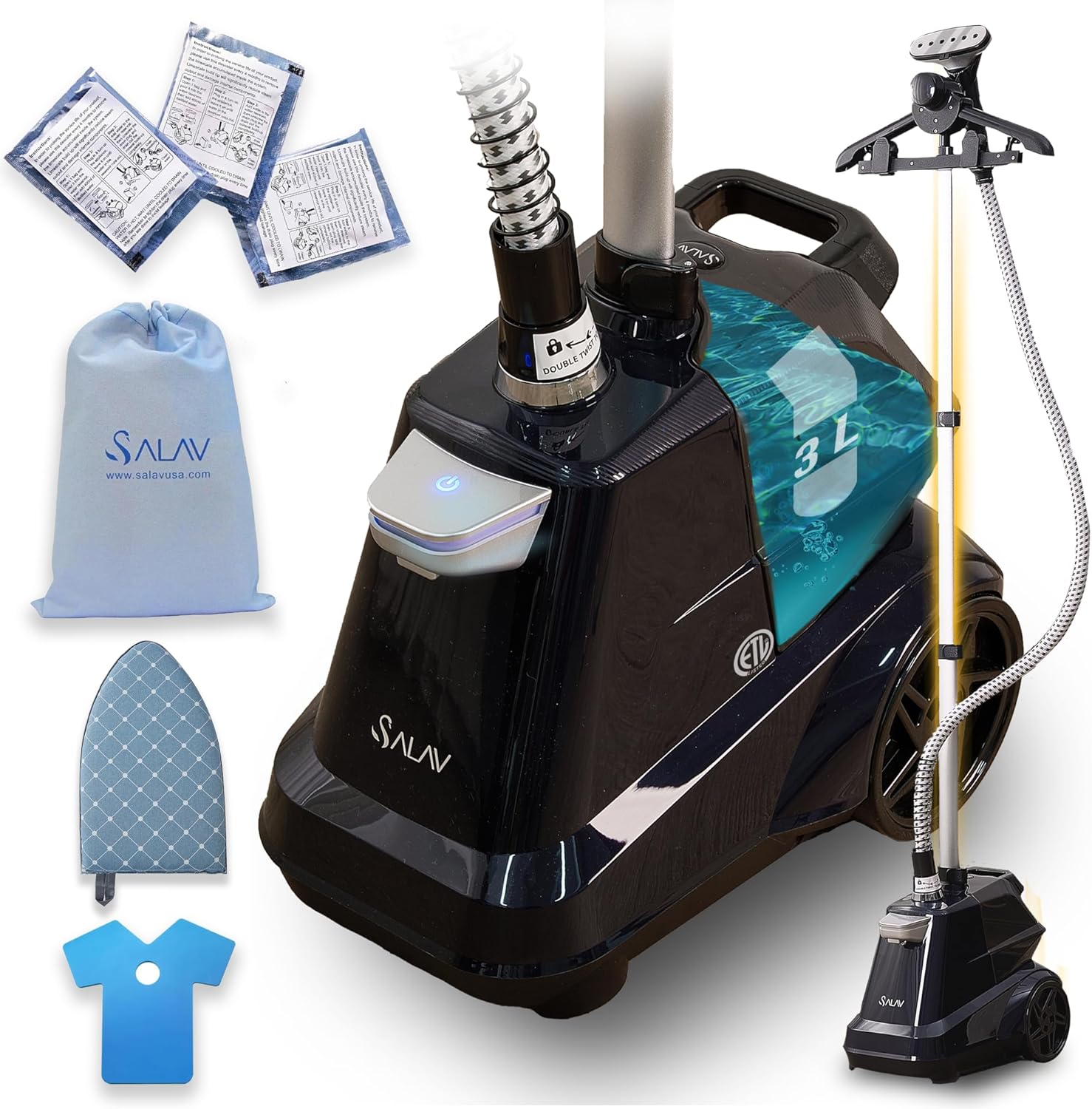 SALAV X3A Heavy Duty Commercial Full-Size Garment Steamer with Foot Pedals and Extra Large 3L (101.5 oz) Water Tank (Navy) and Accessories Pack