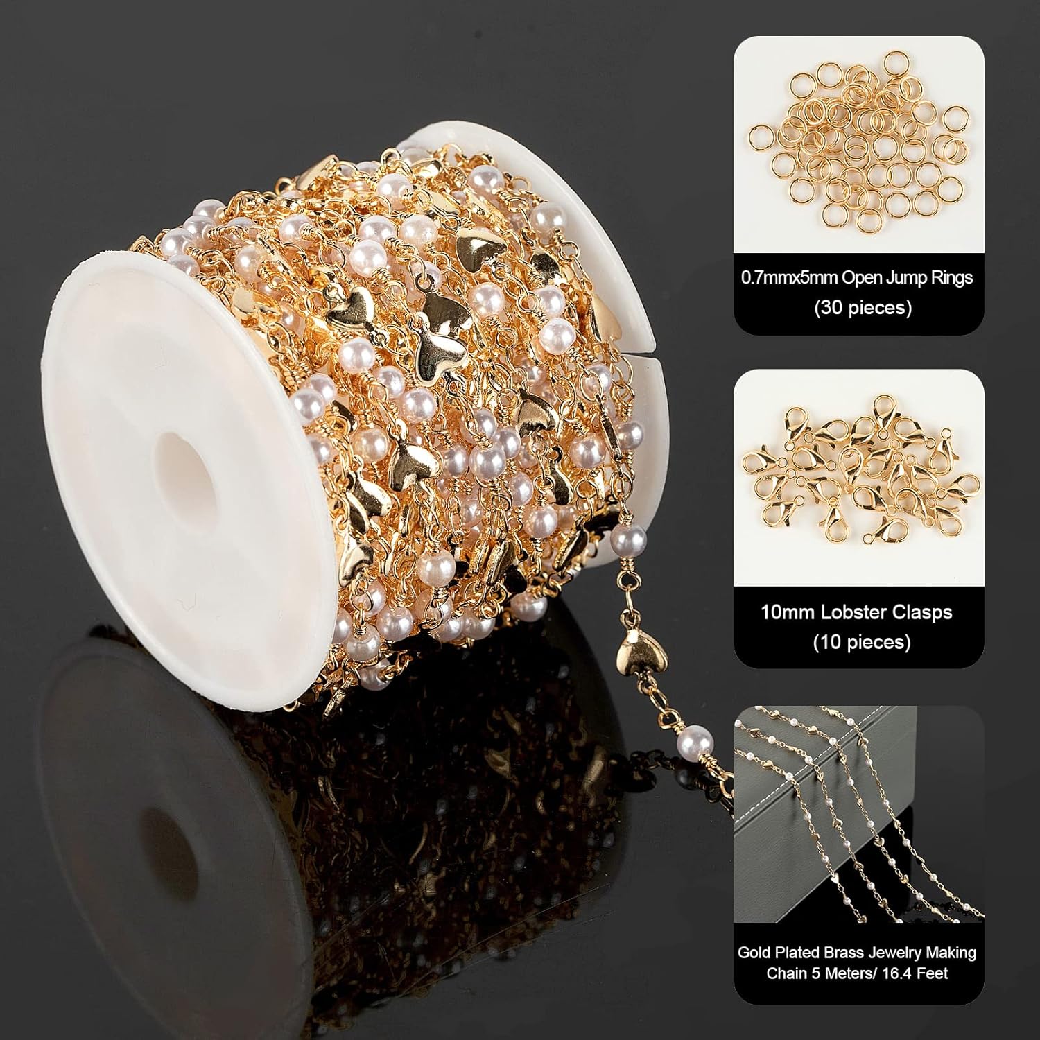 YOUBEIYEE Gold Plated Jewelry Making Chain for Necklace Bracelet DIY Making, Brass Heart Ball Pearl Rolo Link Chain Bulk with Jump Rings and Lobster Clasps
