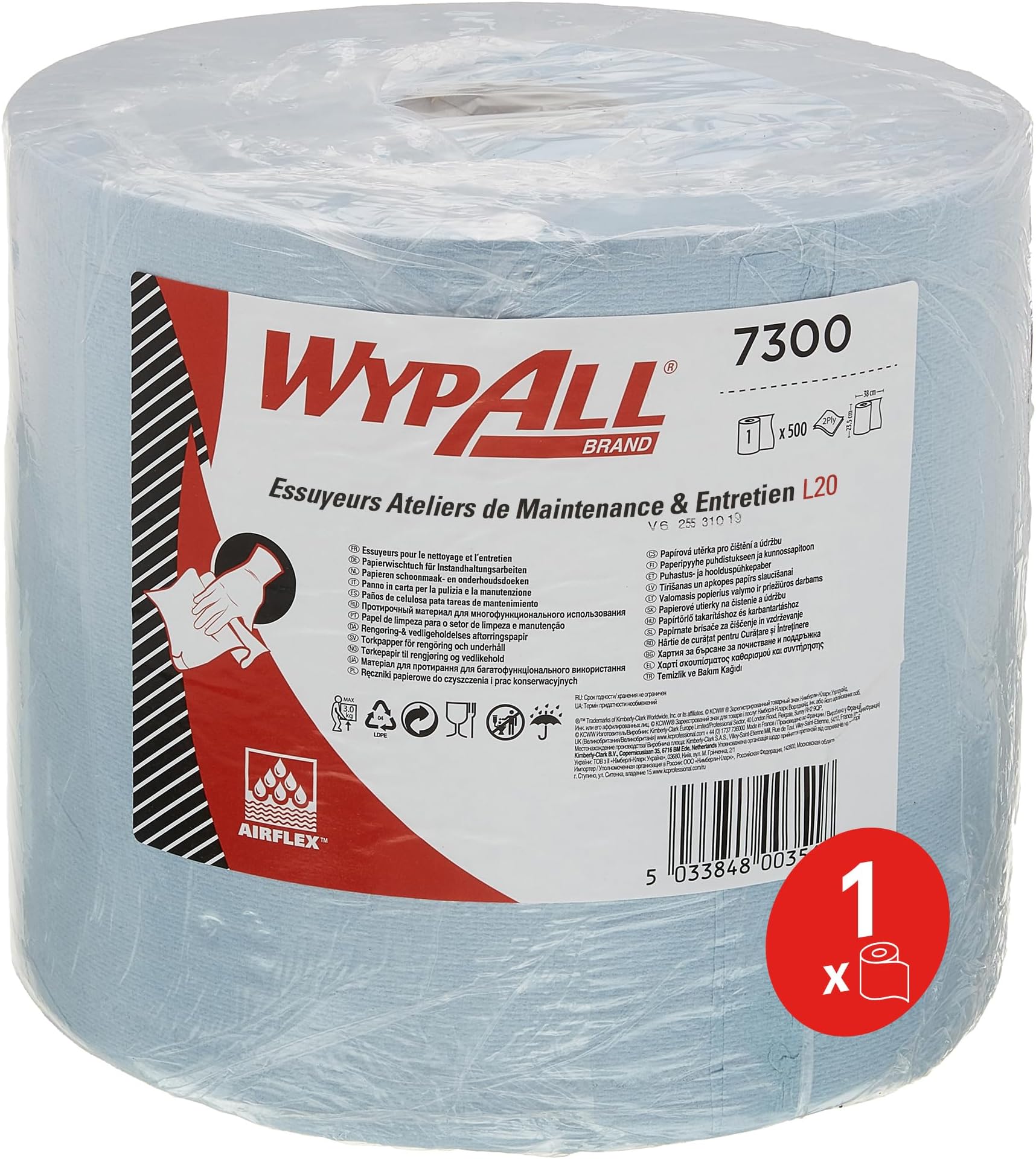 WypAll L20 EXTRA + efficient general purpose wipers, Wiper cloth roll, Blue color, 500 sheets, 1 roll-7300