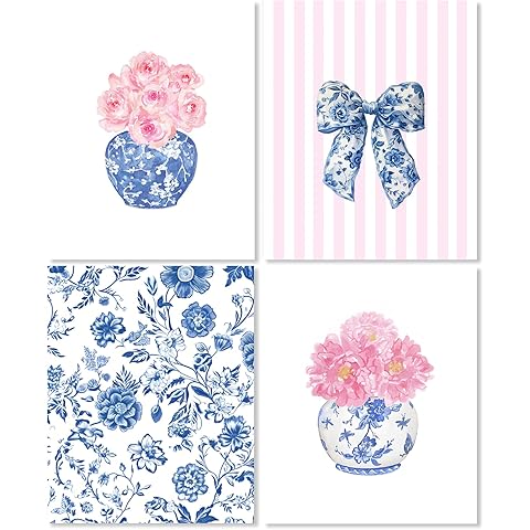 LUKIPOM Blue and White Chinoiserie Floral Wall Art Prints 8x10 Set of 4, Grand Millenial Decor, Coquette Bow Chinoiserie Porcelain Pink Floral Wall Art Posters for Home Bedroom Decor, Unframed