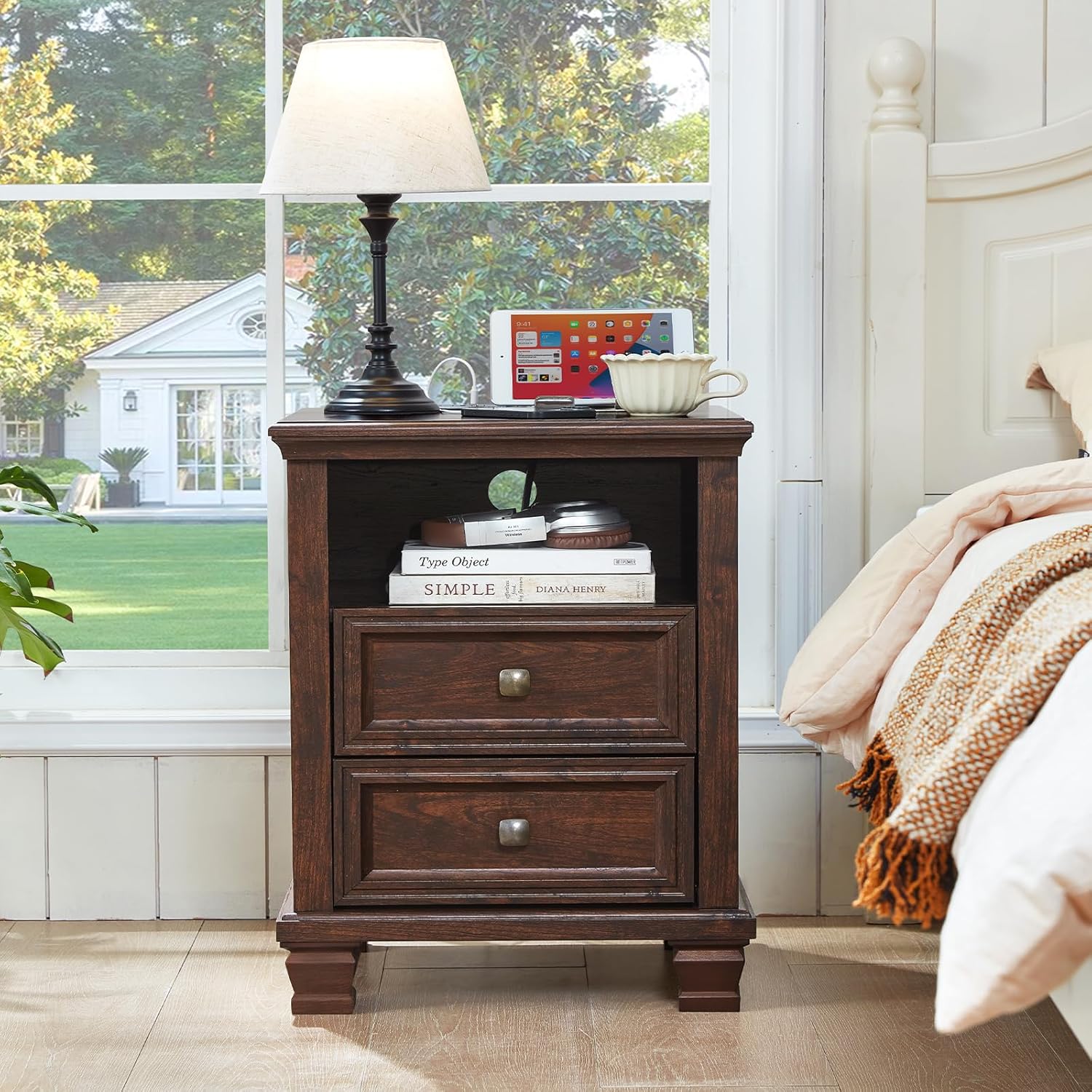 Farmhouse Nightstand with Charging Station, Rustic Brown Nightstand, 2 Drawers End Table, Bedside Table with Open Shelf for Bedroom, Walnut